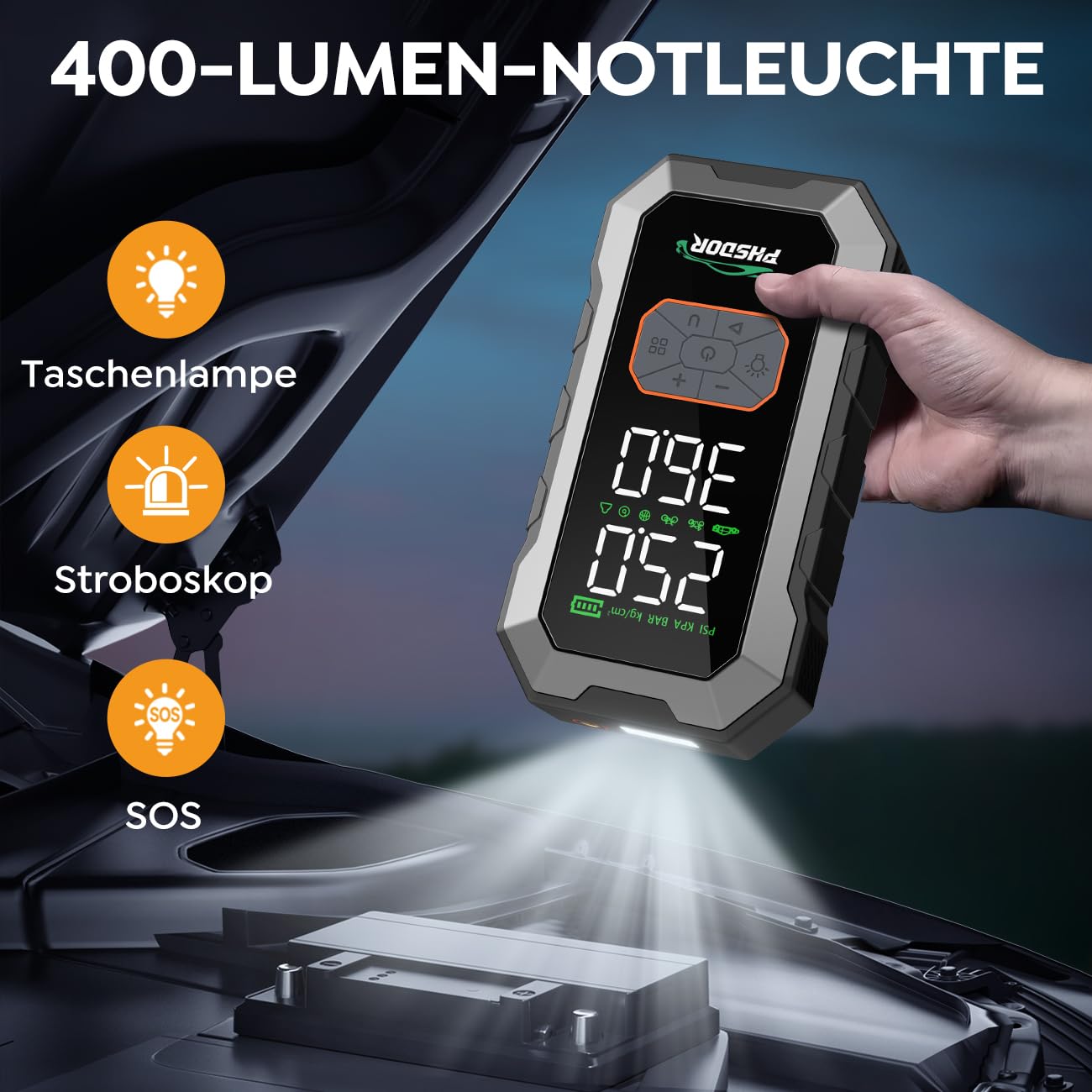 8000A Starthilfe Powerbank mit Kompressor 150PSI, 25000mAh Auto Starthilfe Powerbank für Pkw (Bis Zu All Benzin Oder 10,0L Diesel), Jump Starter Auto mit LED Taschenlampe, Silber