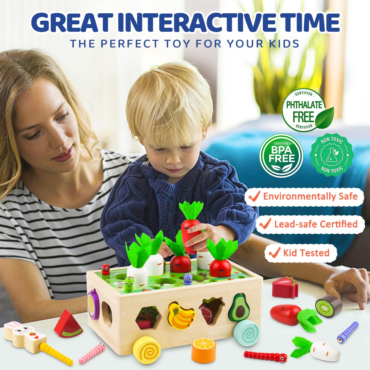 Airlab Montessori Giocattoli Coniglio Legno Bambini, Giochi Magnetici Educativi Sensoriali Ragazzi Ragazze 1 2 3 4+, Cubi Componibili Raccolta Carote Frutta, Regalo Pasqua Compleanno Halloween Natale