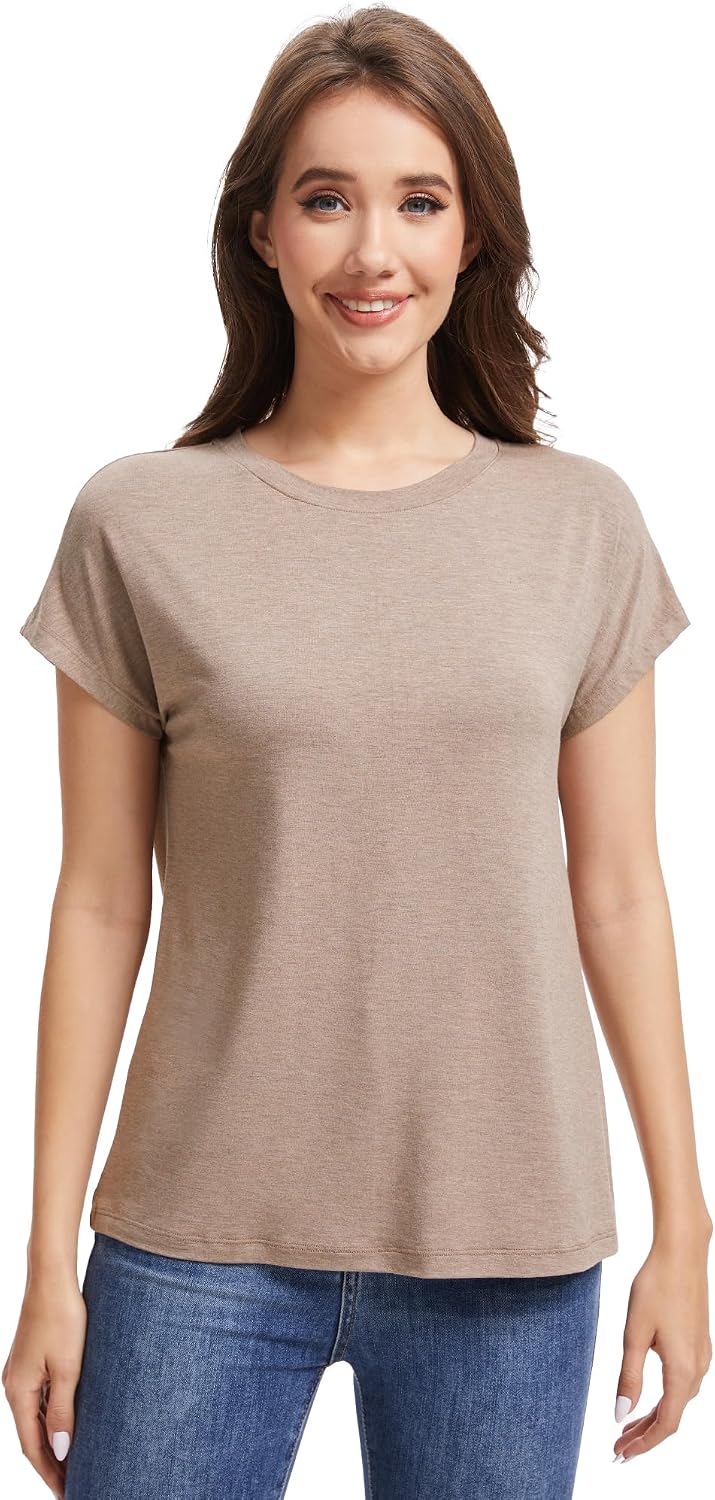 WiWi Women's Pajama Tops Soft Crew Neck Sleep Shirt Loose Short Sleeves T-Shirt Viscose from Bamboo S-XXL
