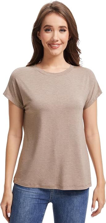 WiWi Womens Pajama Tops Soft Crew Neck Sleep Shirt Loose Short Sleeves T-Shirt Viscose from Bamboo S-XXL