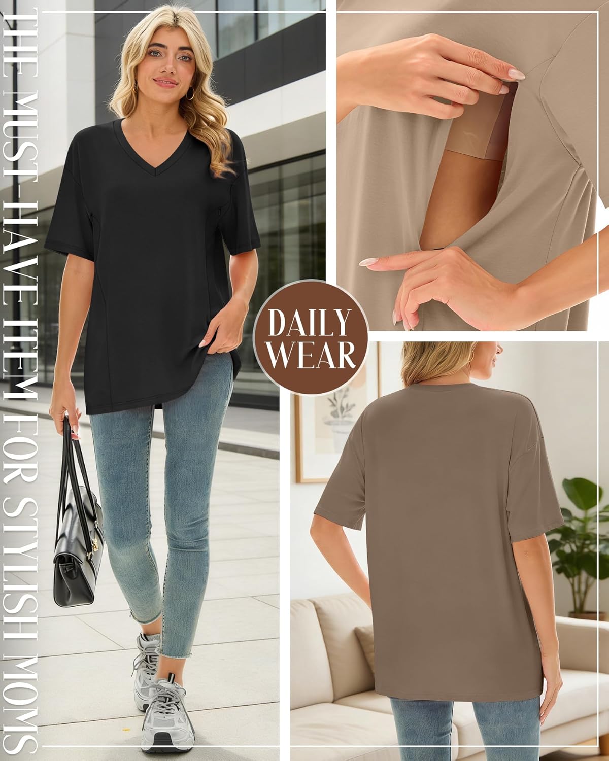4 Pack Women's Oversize Nursing Tops for Breastfeeding Hidden Zipper Maternity T Shirts Short Sleeve V Neck Shirts