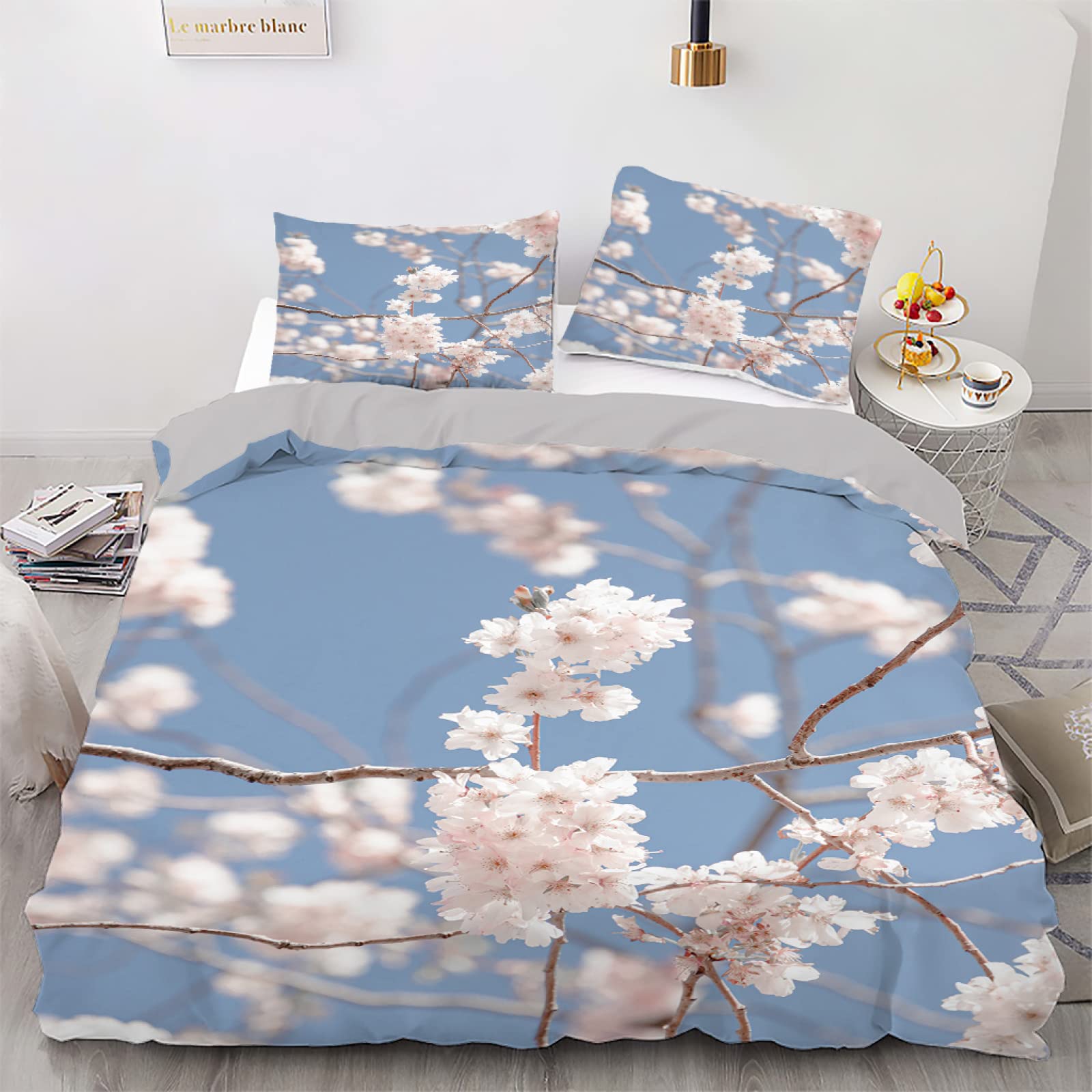 Housse de Couette 160x200 Cerisier Bleu en microfibres de 110g avec ses deux taies d'oreiller de 65x65