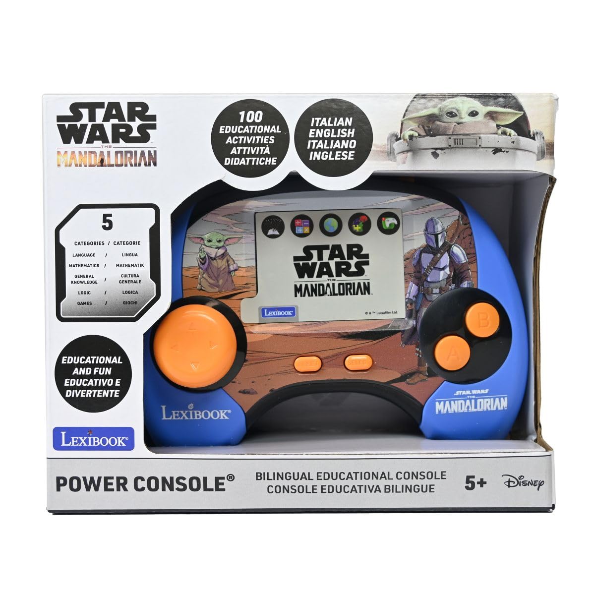 Lexibook, Star Wars JCG100SWi5LXB - Consola educativa portátil bilingüe, Pantalla LCD a Color de 2,8 Pulgadas, 100 Actividades, Italiano e inglés, batería Recargable, Azul/Naranja, JCG100SWi5LXB