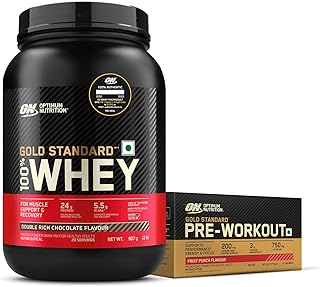 (ON) Gold Standard 100% Whey -2 Lbs (Double Rich Chocolate) And Pre Workout -(Fruit Punch) -142.5G/15 Single Serve Packs, 1049.5 Grams, 1 Scoop