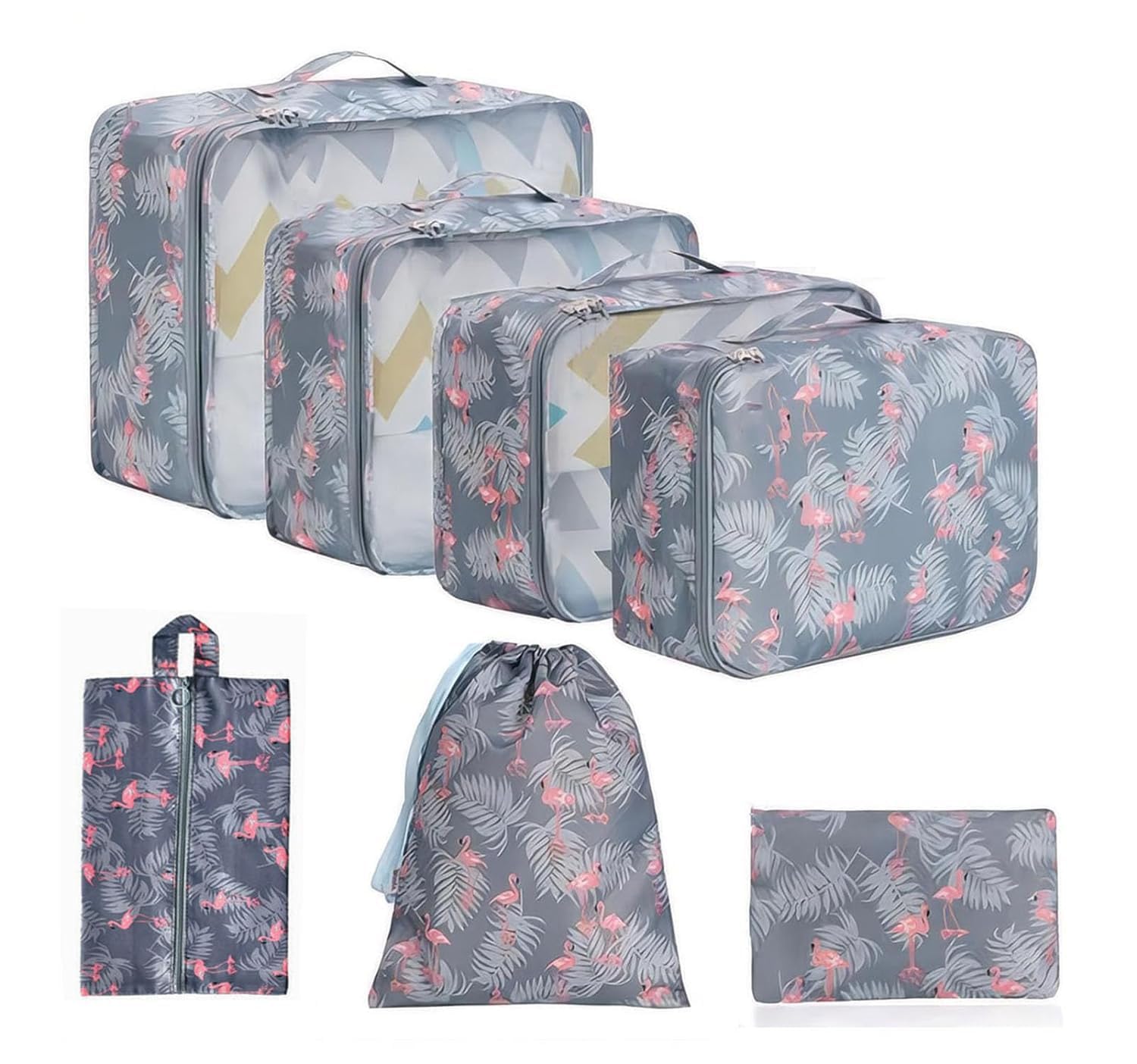 Almurat Travel Organizer 7 In 1 Packing Cube for Luggage, Suitcase with Toiletry Pouch Clothes Space Savers Bags Toiletry Bag Laundry Organiser (Grey Flamingo)-image-12