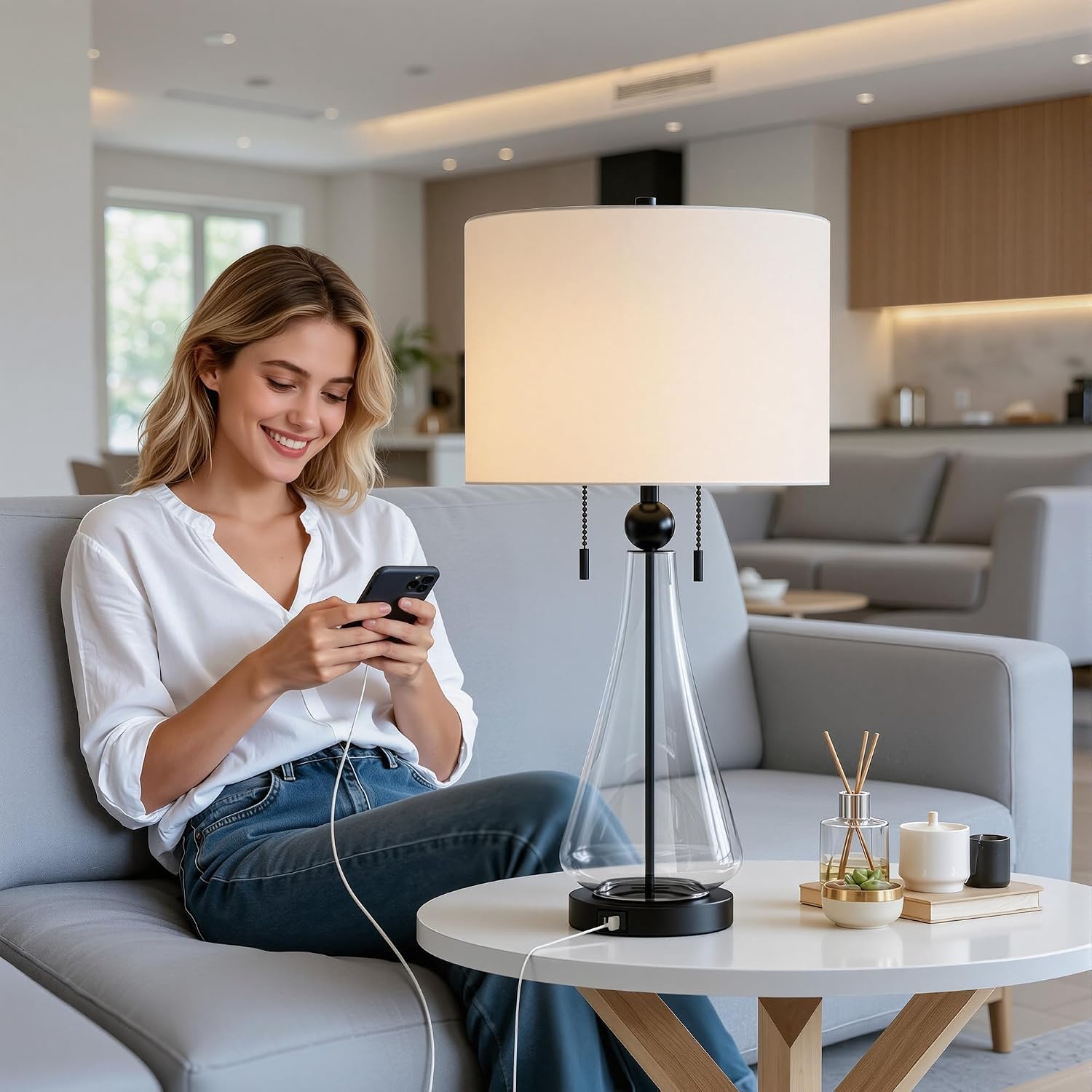Maxax 28" Glass Table Lamp for Living Room, 2-Lights Black Bedside Lamp with USB A+C Ports, Modern Clear Glass Bedroom Lamp with White Shade for Nightstand
