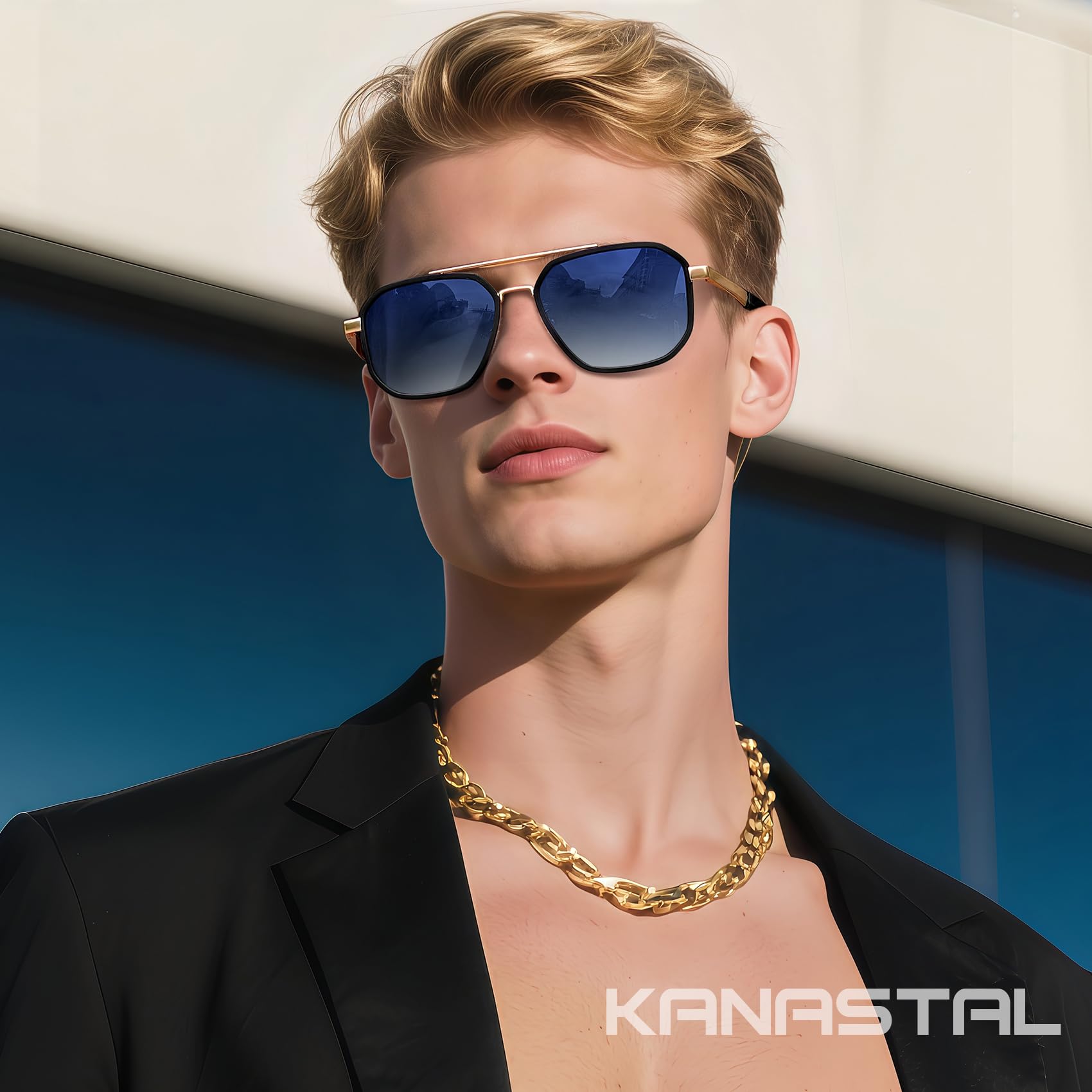KANASTAL Lunettes de Soleil Homme Polarisées Mode Lunette de Soleil Femme Carrée UV400 Rétro Double Pont