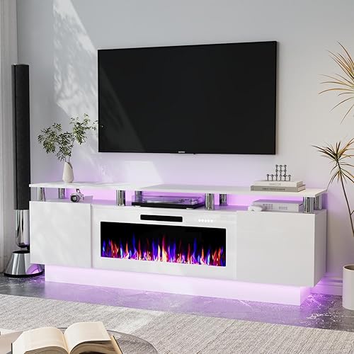 Miniatura 14 de Soporte de TV con chimenea de 36 pulgadas, soporte de TV negro de 70 pulgadas para sala de estar, moderno soporte de TV con chimenea eléctrica con