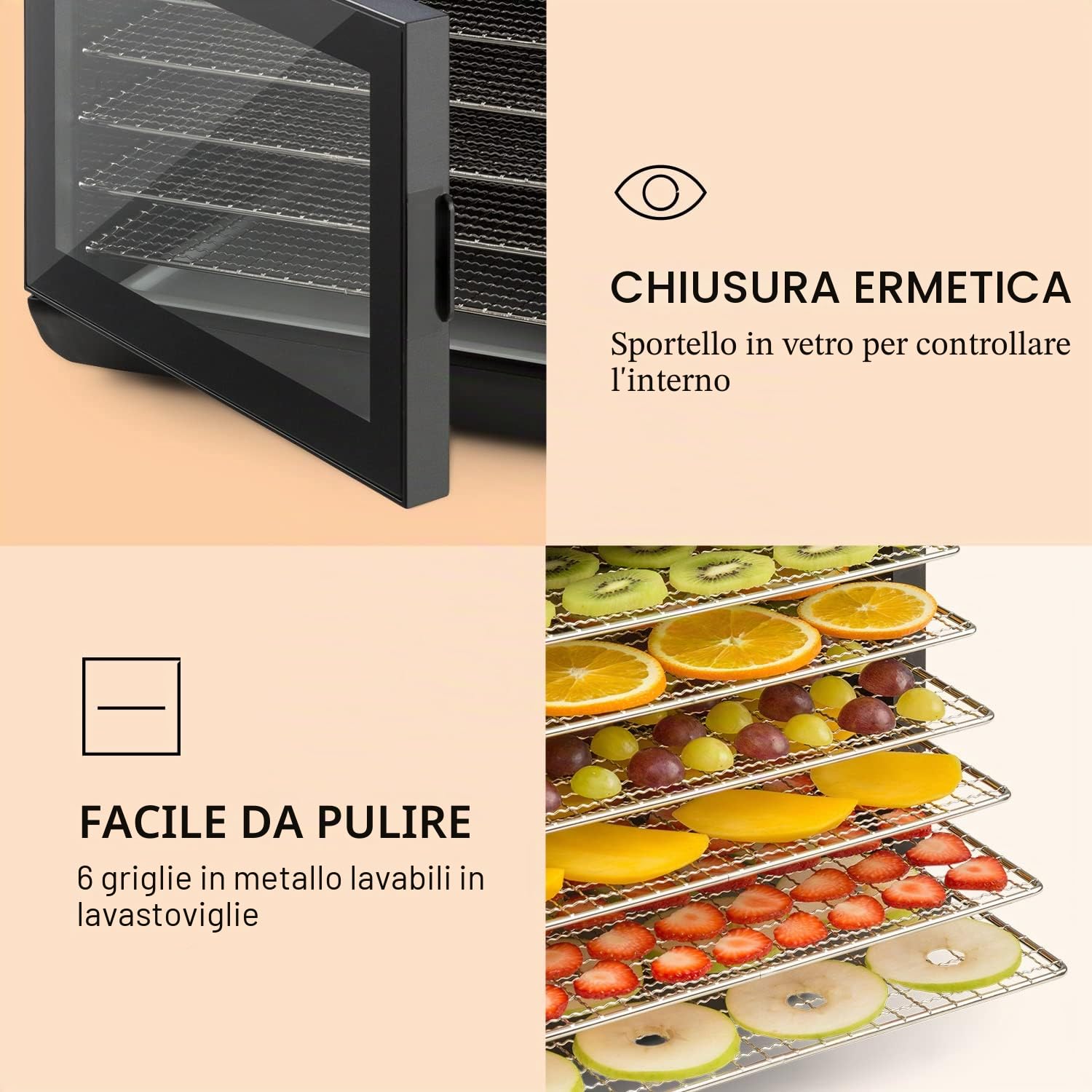 KLARSTEIN Arizona - Disidratatore, Essiccatore di Carne e Frutta, Essicatrice, 500 Watt, 35-70 ° C, 6 Ripiani Lavabili in Lavastoviglie, Nero