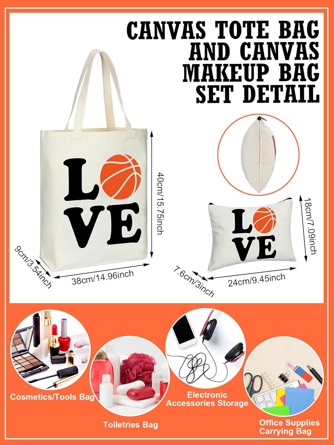 Huhumy 18 Pcs Volleyball Basketball Gifts for Women Cosmetic Bag Canvas Tote Bags Set for Teen Makeup Travel Players Teams(Basketball)