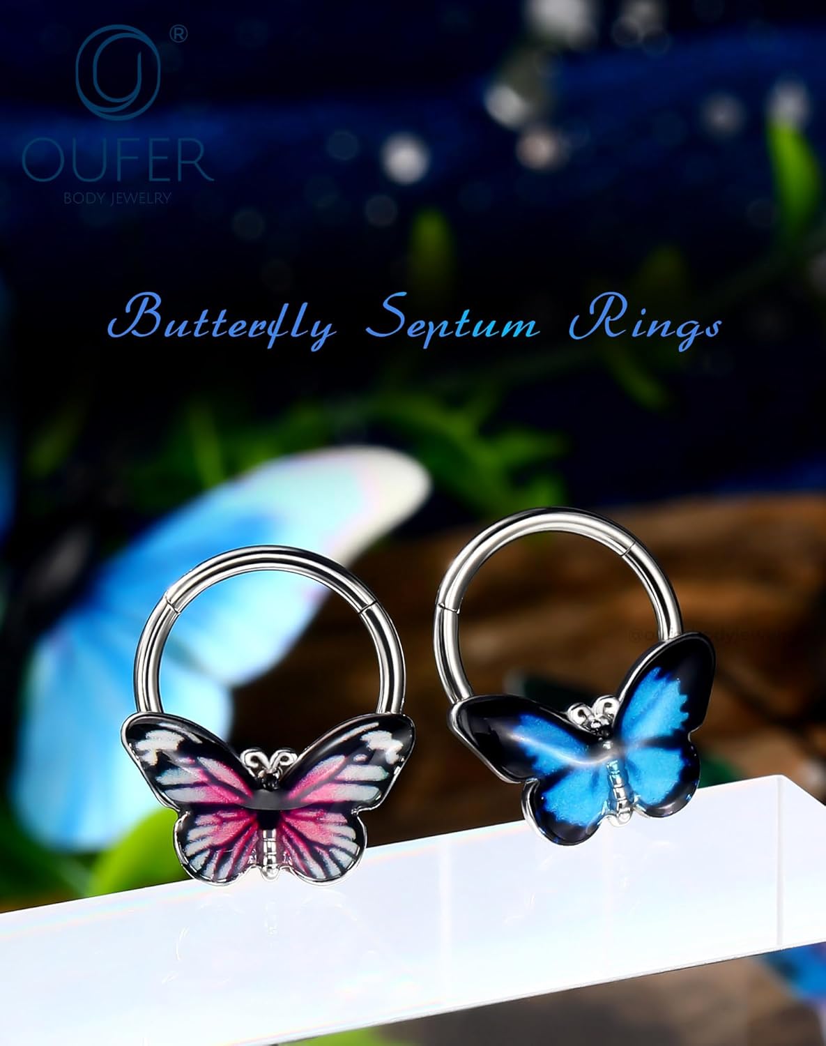 OUFER Butterfly Septum Rings, 16G Daith Septum Piercing Jewelry, Hinged Segment Clicker Daith Helix Cartilage Earrings for Women Men-Blue/Pink - Image 3
