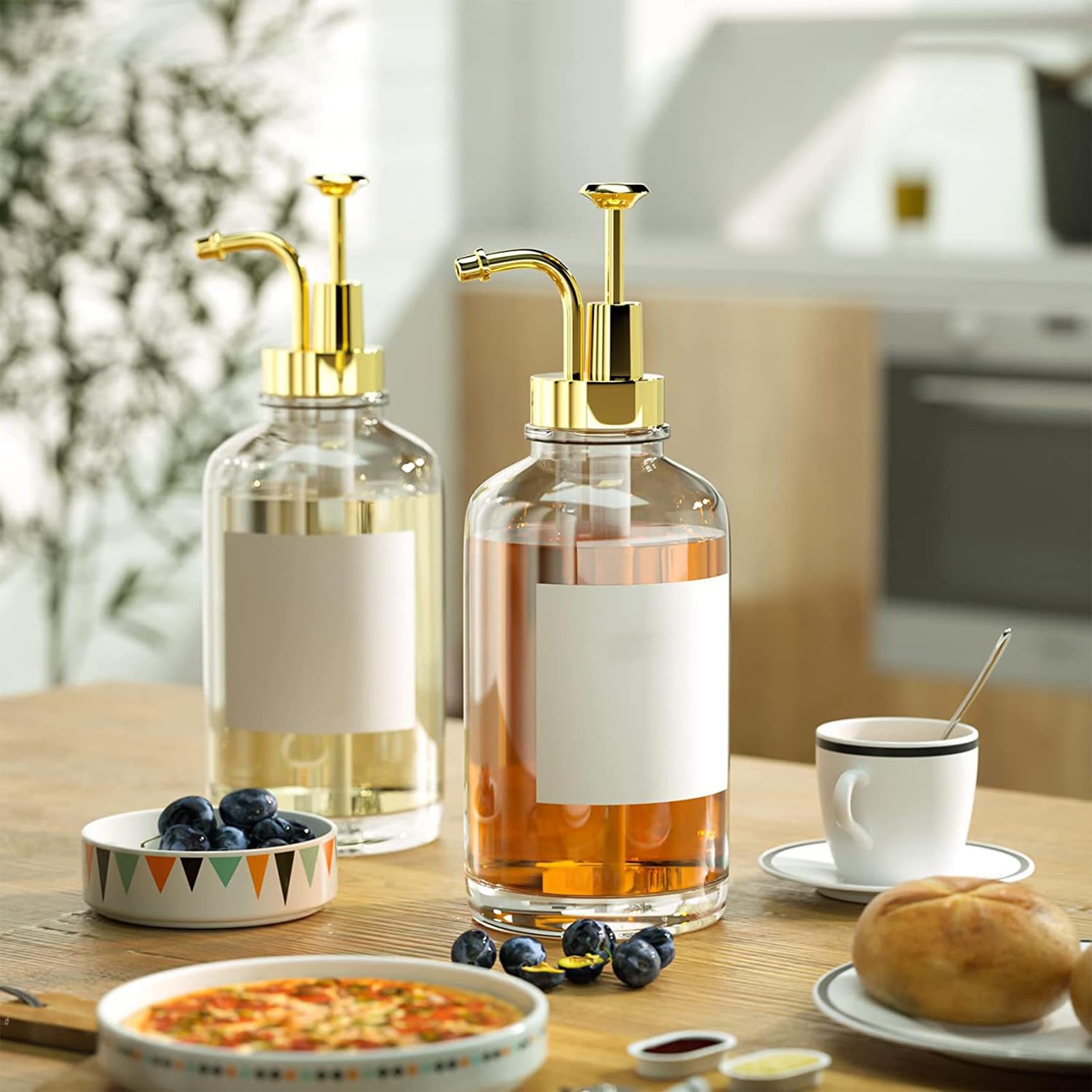 Distributeur de sirop de café Bouteille distributrice de Liquide 2 pièces 17 oz Bouteille de Pompe à sirop en Verre Transparent pour Accessoires de Bar à café Distributeur de shampoing D