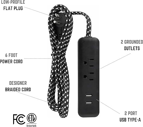 Miniatura 10 de Clear Power Cable de extensión de enchufe plano de 6 pies con 2 tomas de corriente + cargador USB para interiores 163 SPT-2, enchufe a tierra de 3