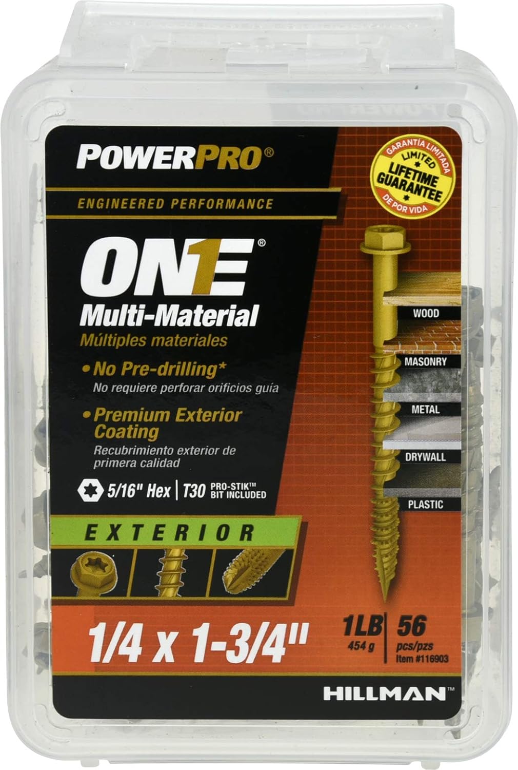Power Pro Premium One Multi-Material Hex Washer Head Screws, Epoxy Coated Steel, Fasten in Wood, Metal, Concrete, Drywall and Plastic, Bronze, ¼ x 1-¾ inches, Box of 56 Screws