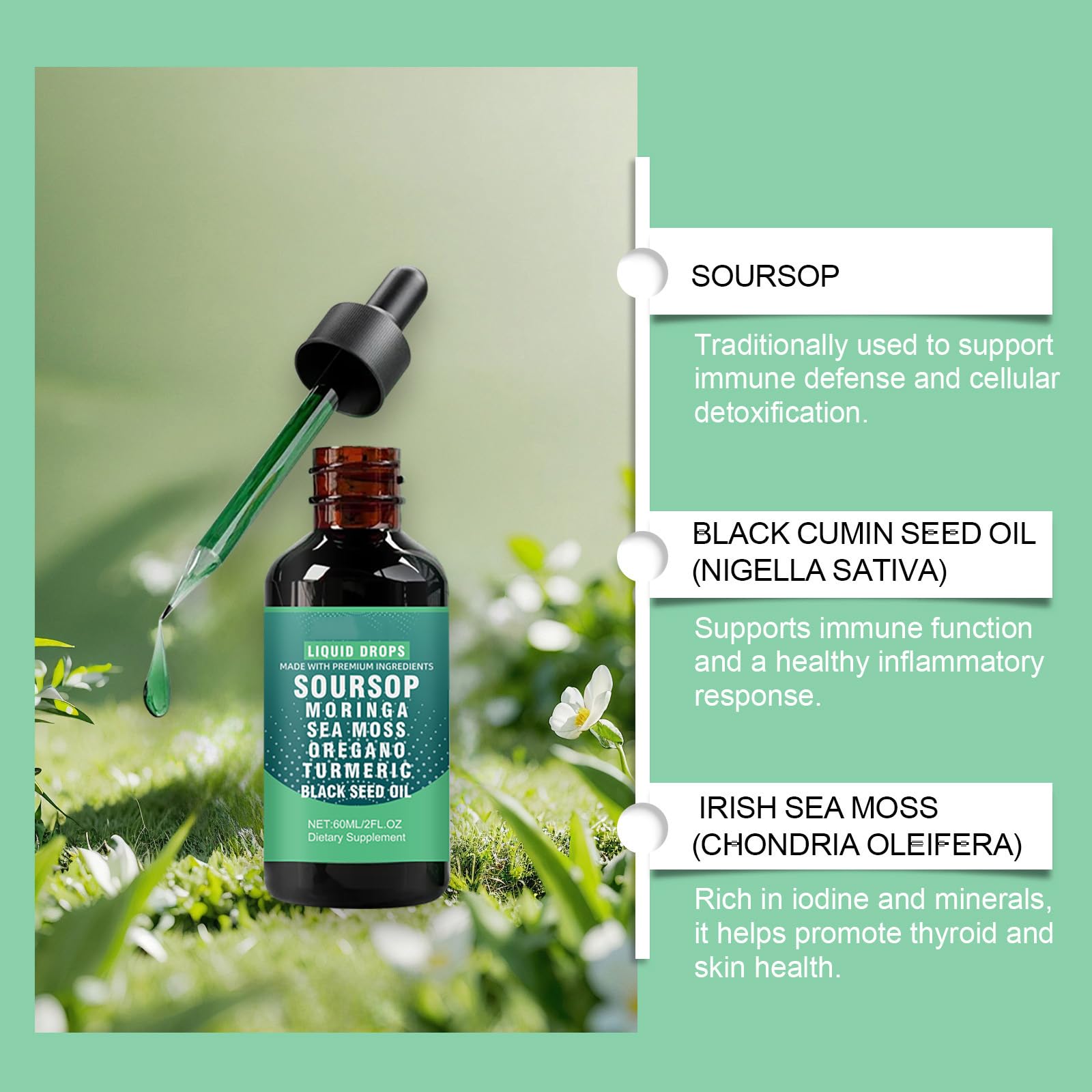 Gocce liquide di amaro di graviola, gocce liquide alle erbe 10 in 1, siero alle erbe di graviola, integratore naturale a base vegetale per il supporto quotidiano al benessere, 60 ml (8 bottiglie)