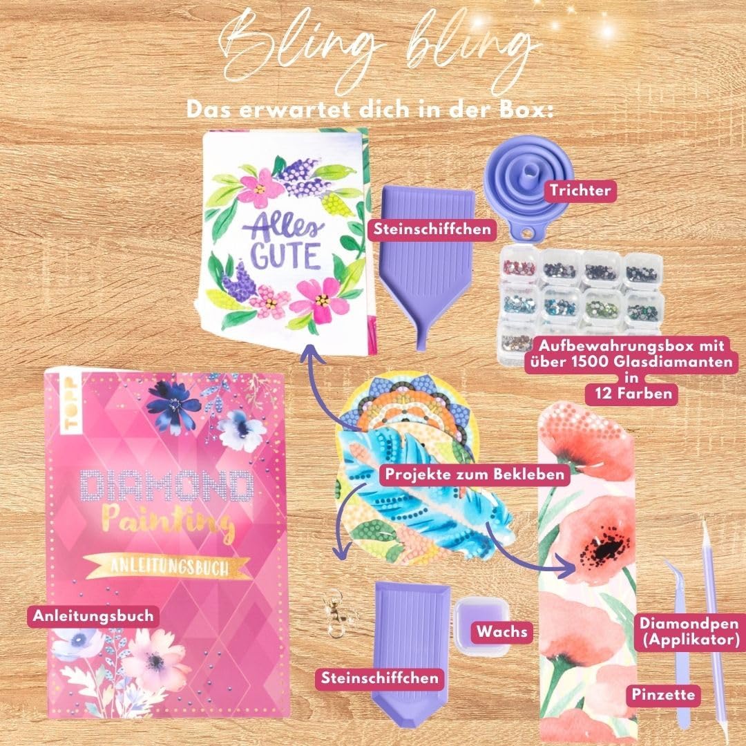 TOPP Kreativbox Diamond Painting, 6 Designs, All Year Round DIY Painting Kit, Artwork Set, Painting with Diamonds, Creative Box, Mosaic Pictures, Artwork, Craft Set