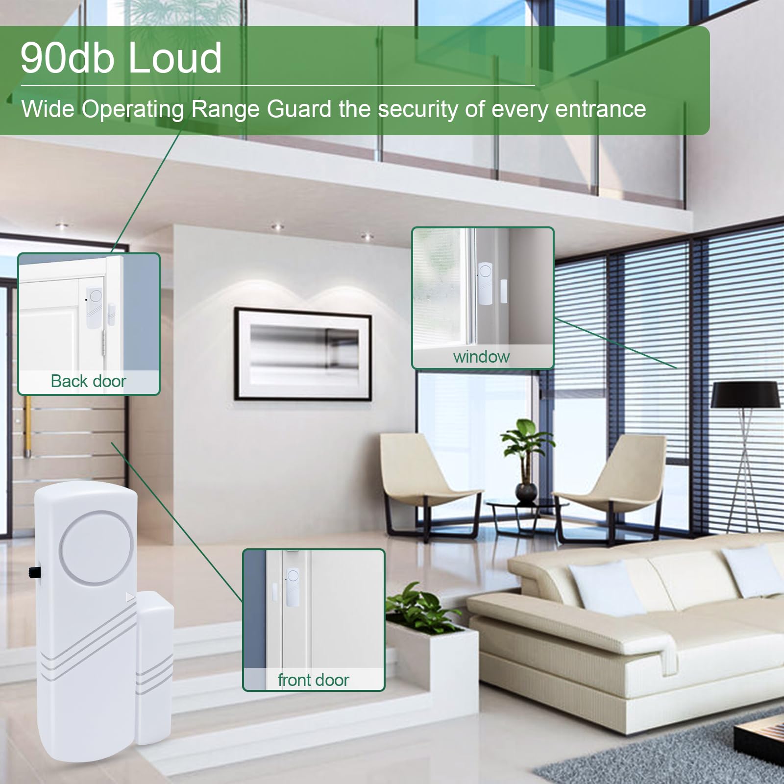 Alarma de puerta y ventana, sensor de alarma de puerta de 90 dB para seguridad de niños, seguridad del hogar, alarma antirrobo de ventana de puerta, alarmas de piscina para el hogar, apartamentos
