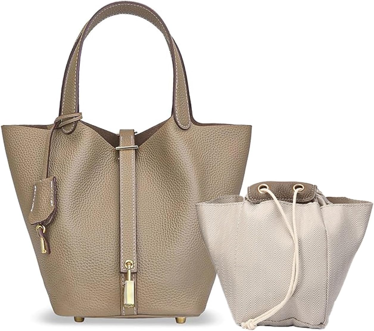 Genuine Leather Lock Design Bucket Bag for Women, Vegetable Basket Fashionable Versatile Handbag (Grey)