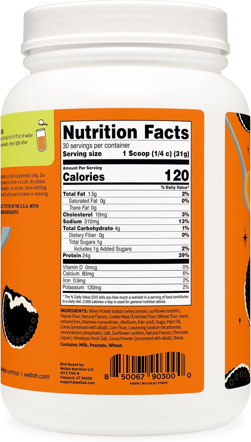 Wellah Grass-Fed Whey Protein Isolate Powder (Peanut Butter Cookie) 30 Servings - 24g of Protein, 120 Calories Per Serving, Naturally Sweetened