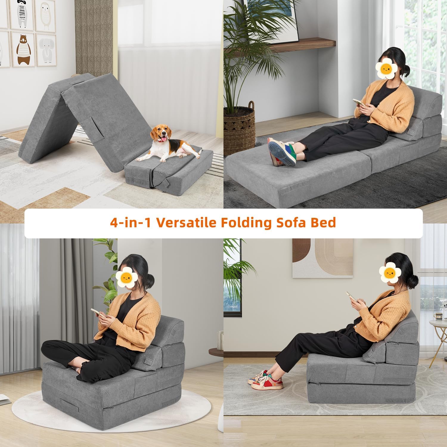 Folding Sofa Bed with Back Support, Convertible Sleeper Sofa Couch Foldable Floor Chair Mattress Comfy Floor Single Chair Lounge for Living Room Bedroom(77"x26", Grey)