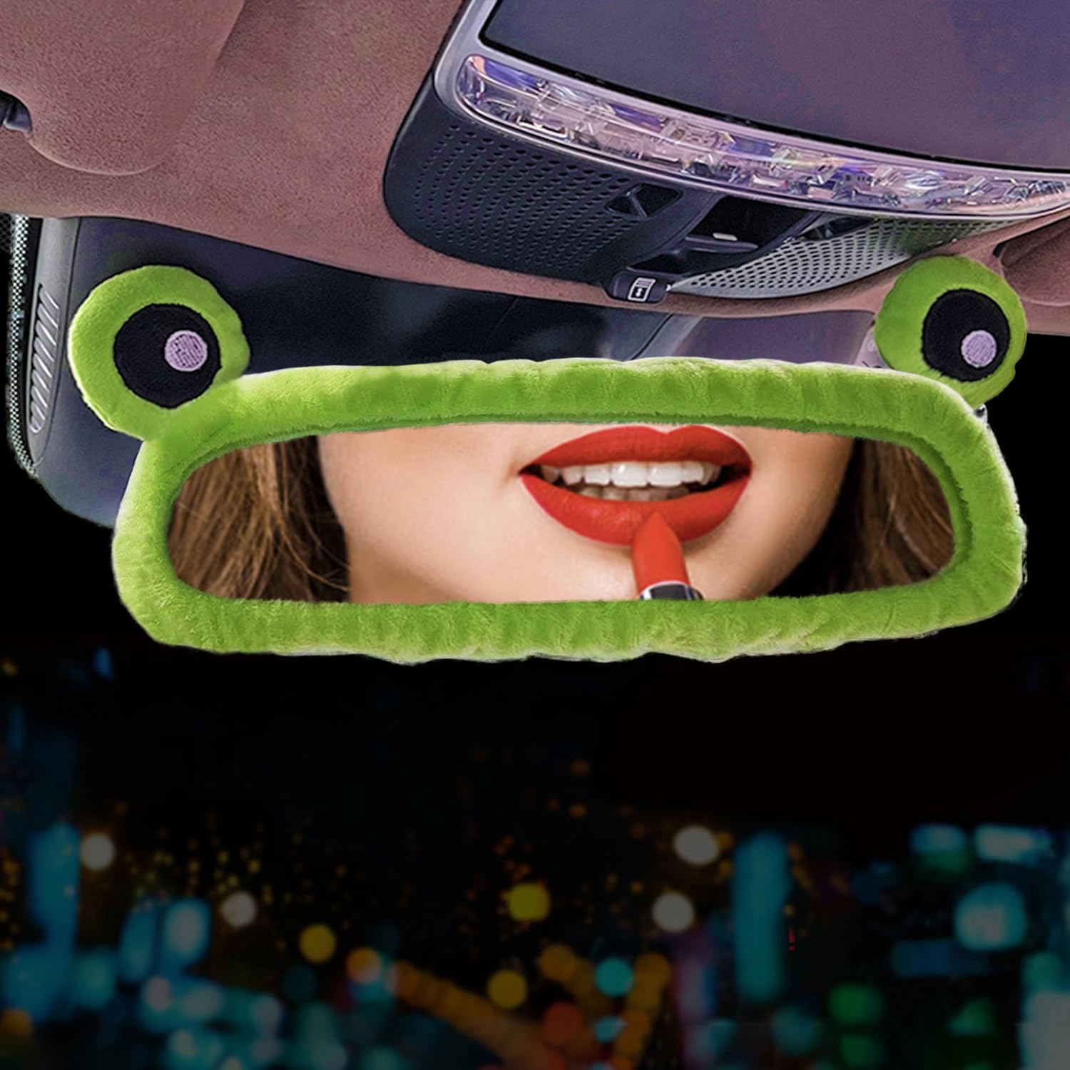 7-Pack Lovely Cartoon Frog Car Accessories Set Fluffy Wool Sheepskin Steering Wheel Cover with Cup Coasters, Soft Plush Rear Mirror Cover Accessories for Women (Green)