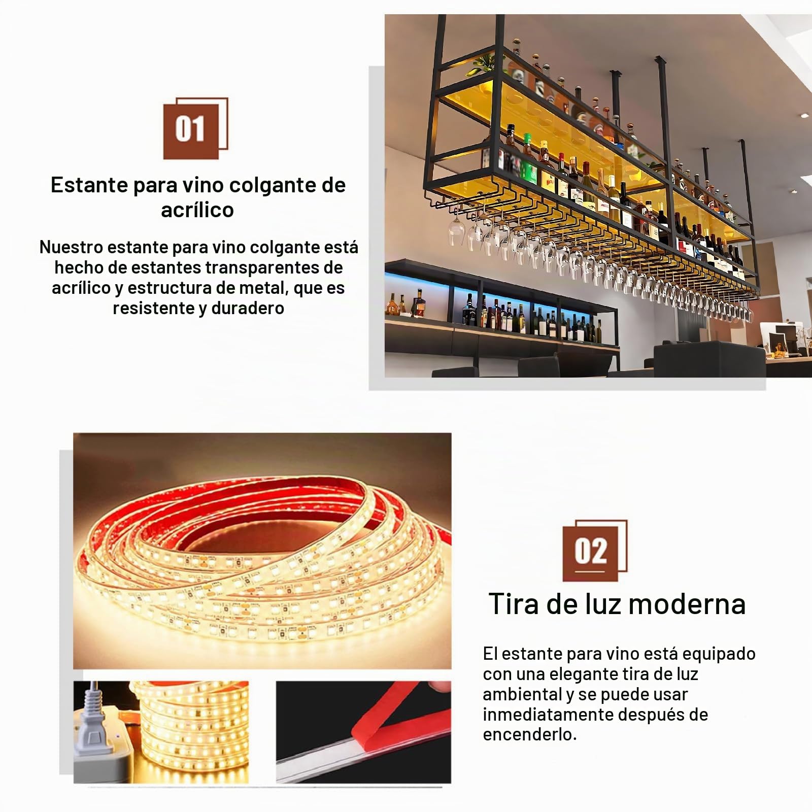 80CM Botellero colgante techo Luz LED, 2 Niveles botellero de techo de acrílico con portavasos y estantes transparentes portavasos botelleros para loft, para Cocina, Bar, Cafetería y decoración