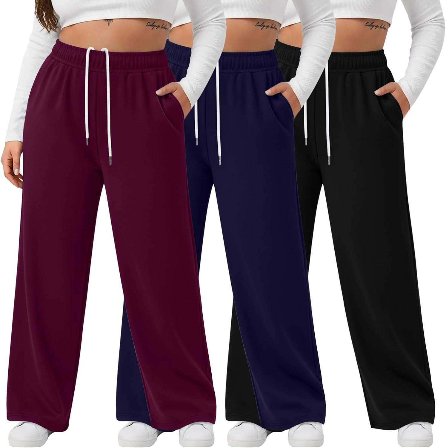 3 Pack Women's Plus Size Wide Leg Yoga Pants, Baggy High Waist Lounge Pants, Drawstring Sweatpants with Pockets