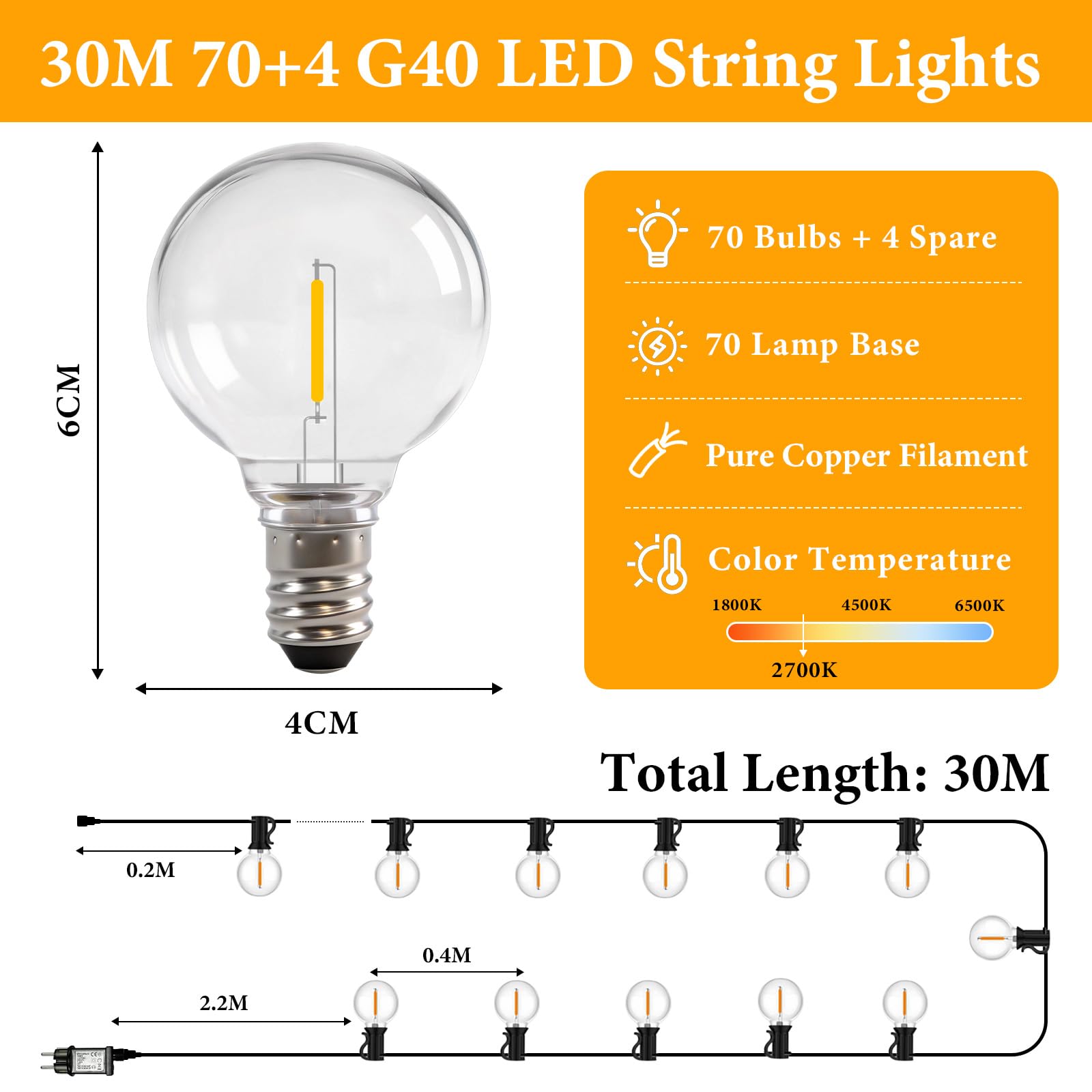 Guirnalda de luces LED para exteriores 30m, 70+4 G40 bombillas, guirnalda de luces con temporizador, IP44 impermeable, iluminación de balcón para jardín, terraza, Navidad, blanco cálido