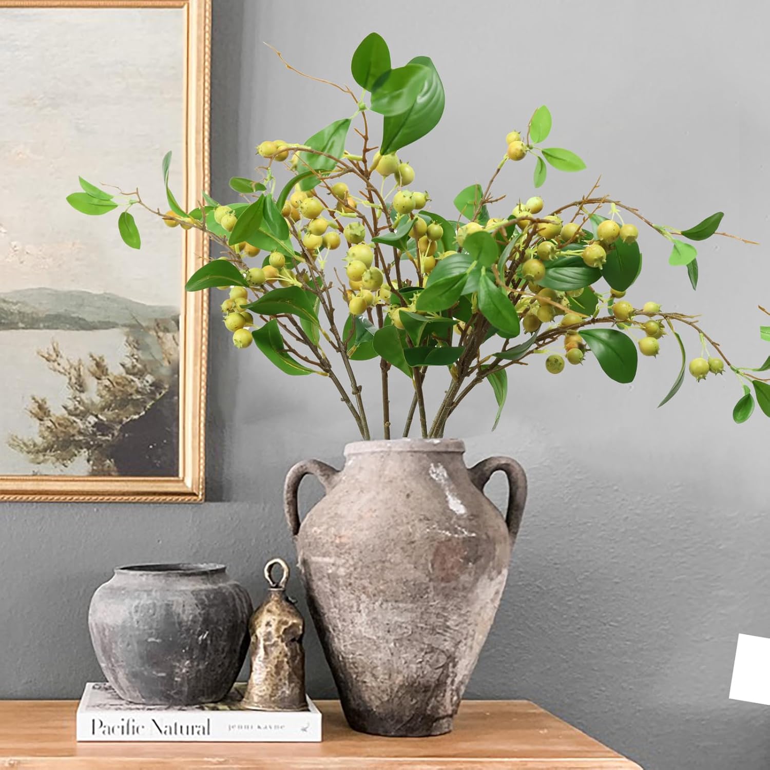 CHIAVE Artificial Plants Simulation Flowers Faux Berries Lifelike Hawthorn Branches for vases- 8 pcs -Light Green