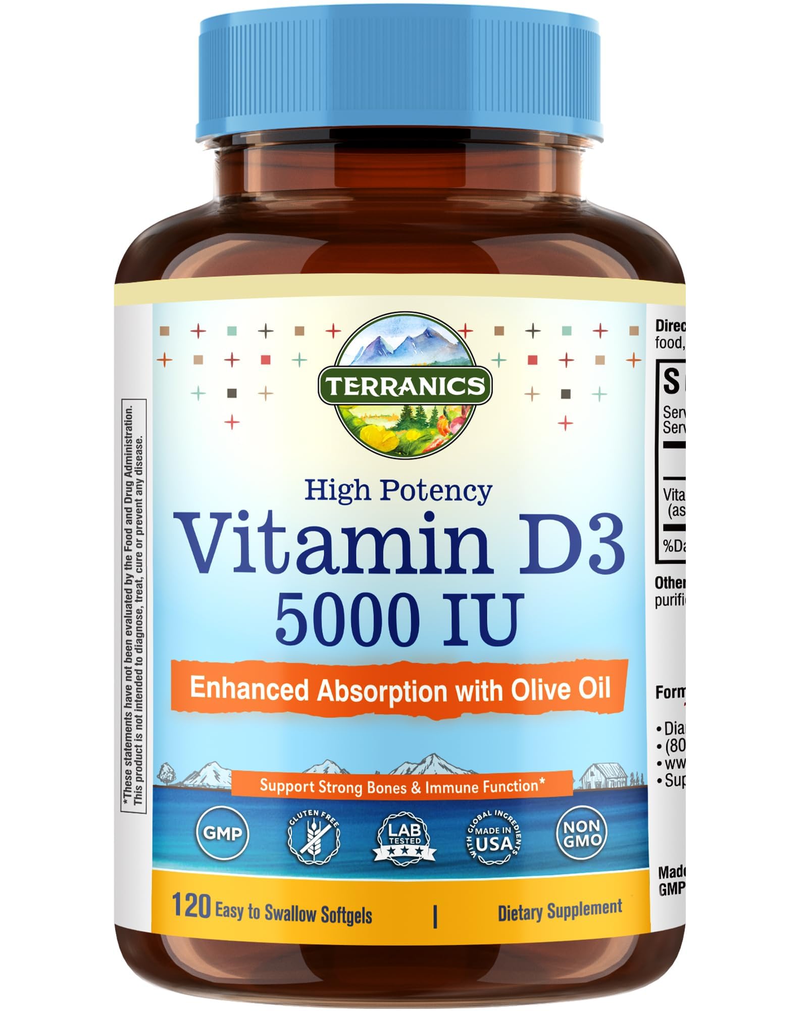 Terranics Vitamin D3 5000IU (125mcg), with Olive Oil, 120 Mini Softgels