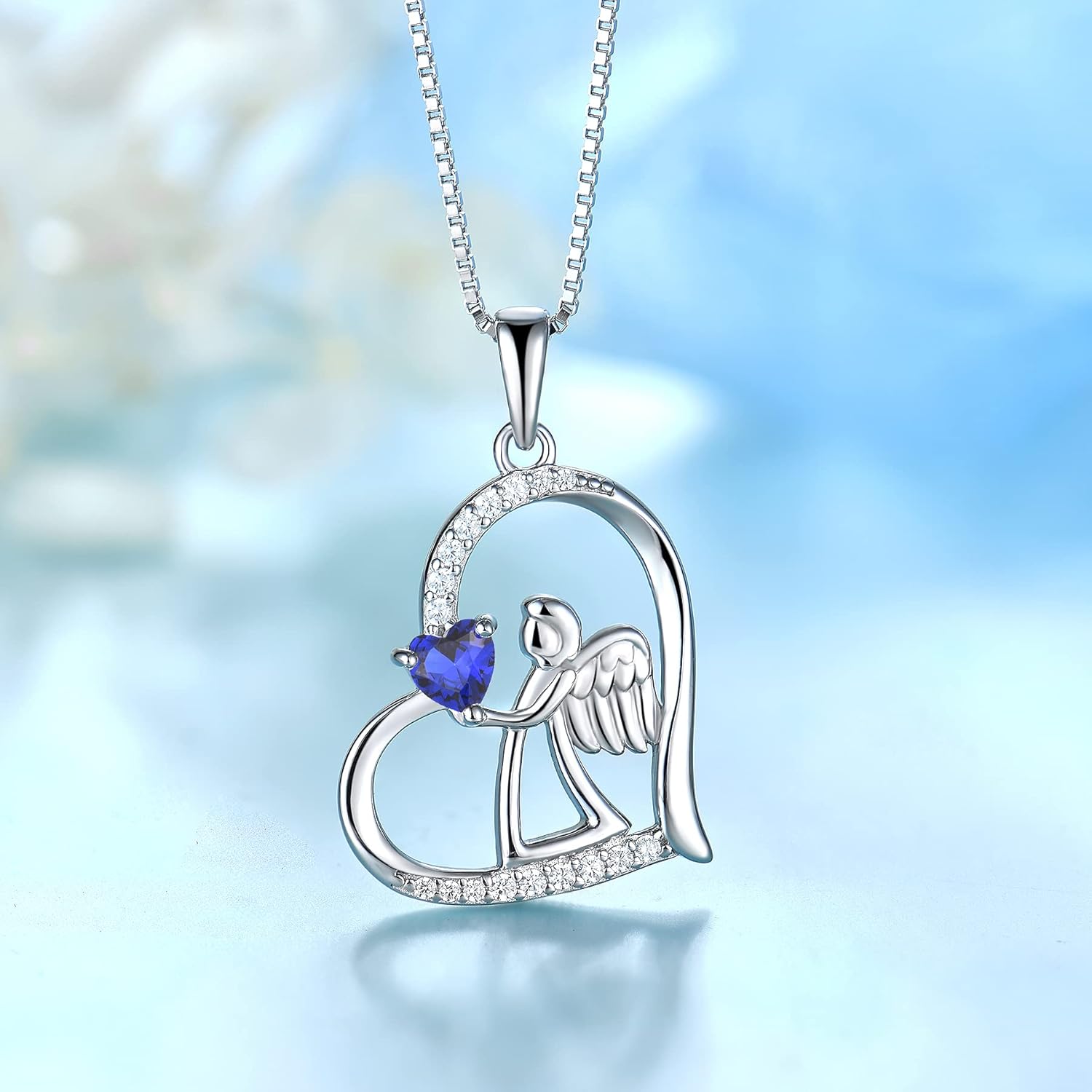 FJ Heart Guardian Angel Necklace 925 Sterling Silver Angel Wing Pendant Birthstone Jewelry for Women - Image 3