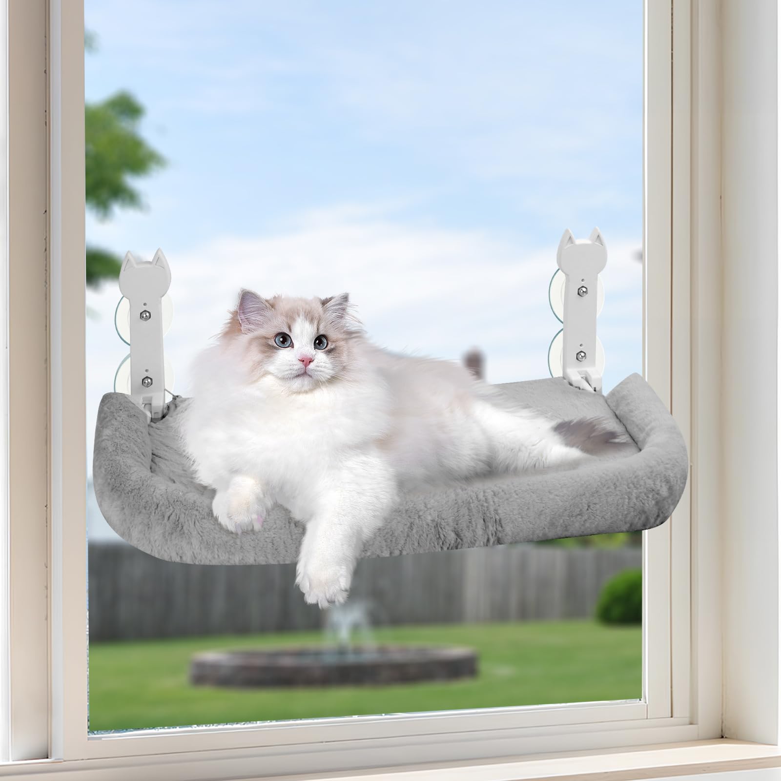 Hamaca para gatos, 60 x 30 cm, plegable con ventosas, cojín de felpa lavable, soporta hasta 25 kg, color gris