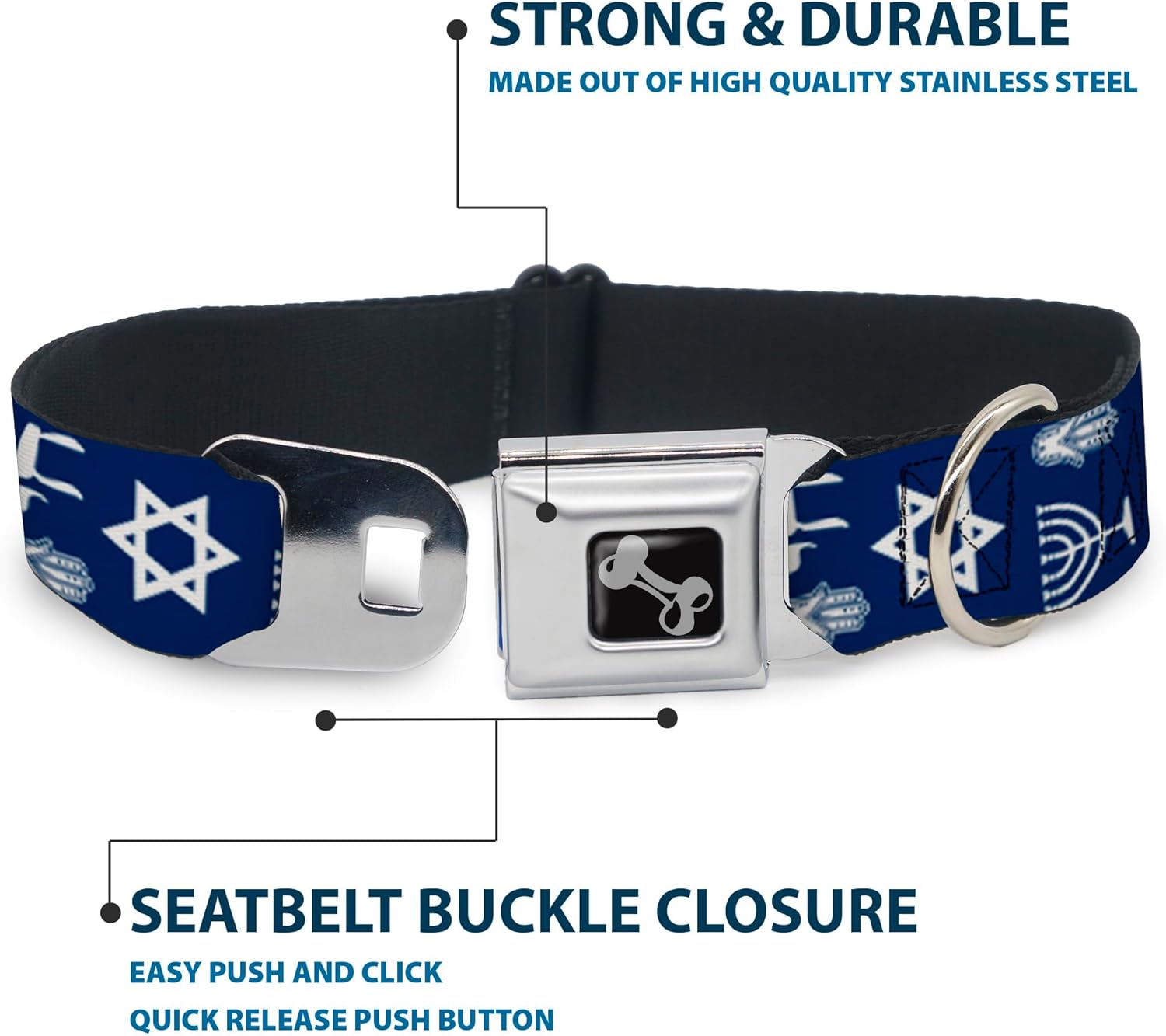 Dog Collar Seatbelt Buckle Jewish Symbols 4 Blue White 9 to 15 Inches 1.0 Inch Wide