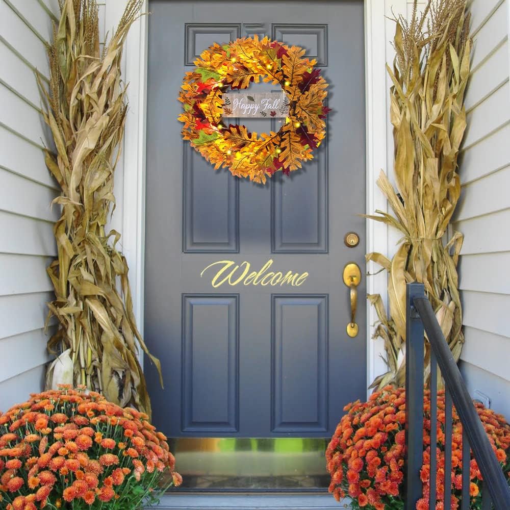YEAHOME Fall Decorations for Home, 18" Fall Maple Leaves Wreath with Happy Fall Sign for Autumn Decorations, Artificial Fall Wreaths with Lights for Front Door, Window, Wall, Thanksgiving Decor