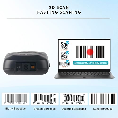 Vista 7 de Sumicor Escáner de código de barras Bluetooth portátil 2D, batería recargable de 1500 mAh con indicador de nivel y teclas de volumen, Bluetooth 3