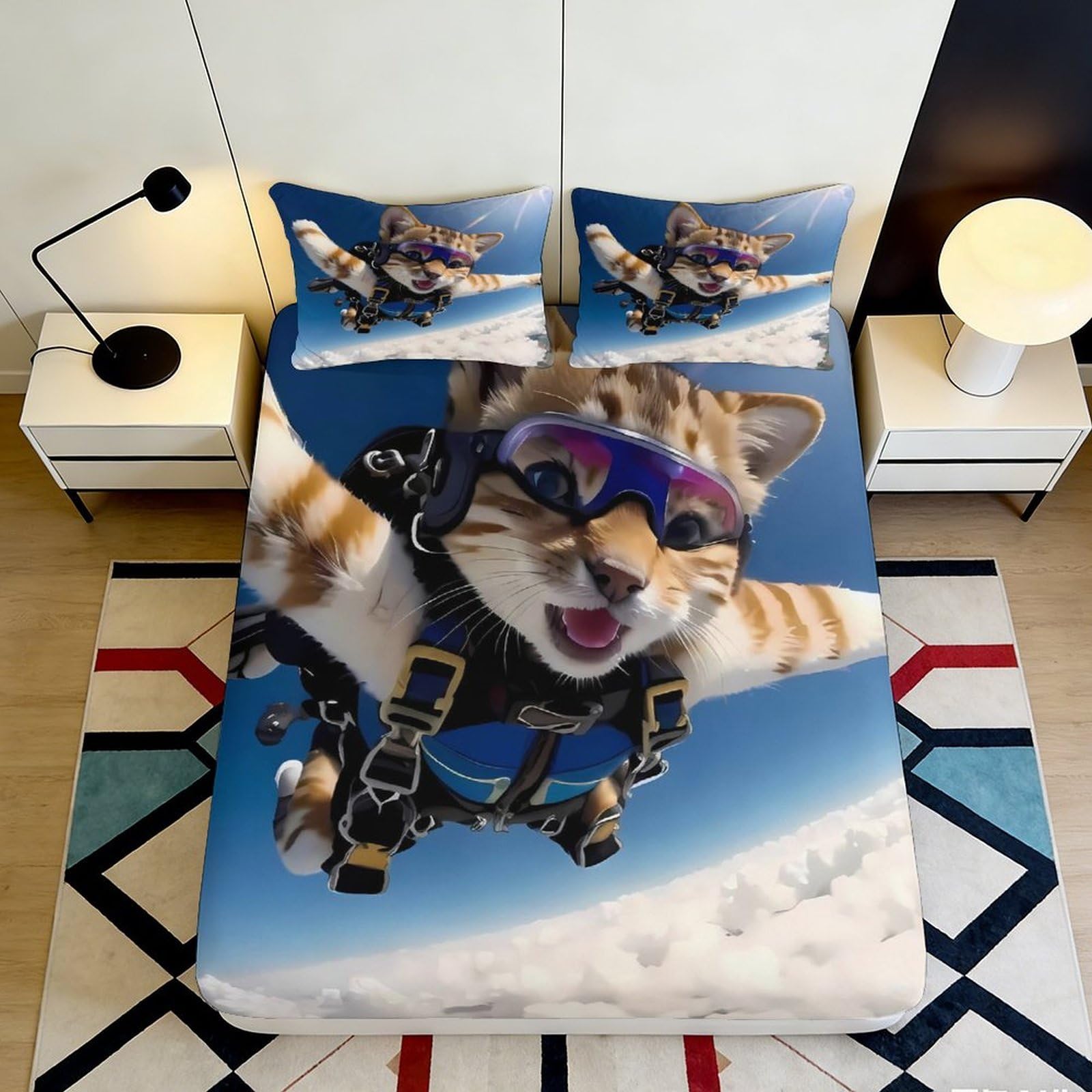 Qjzxknhpgr Style-5 3D Printed Skydiving Cat Fitted Sheet Microfiber Blue Mattress Cover For Bedroom Guest Room Dorm Decor Protection 90X200x25cm