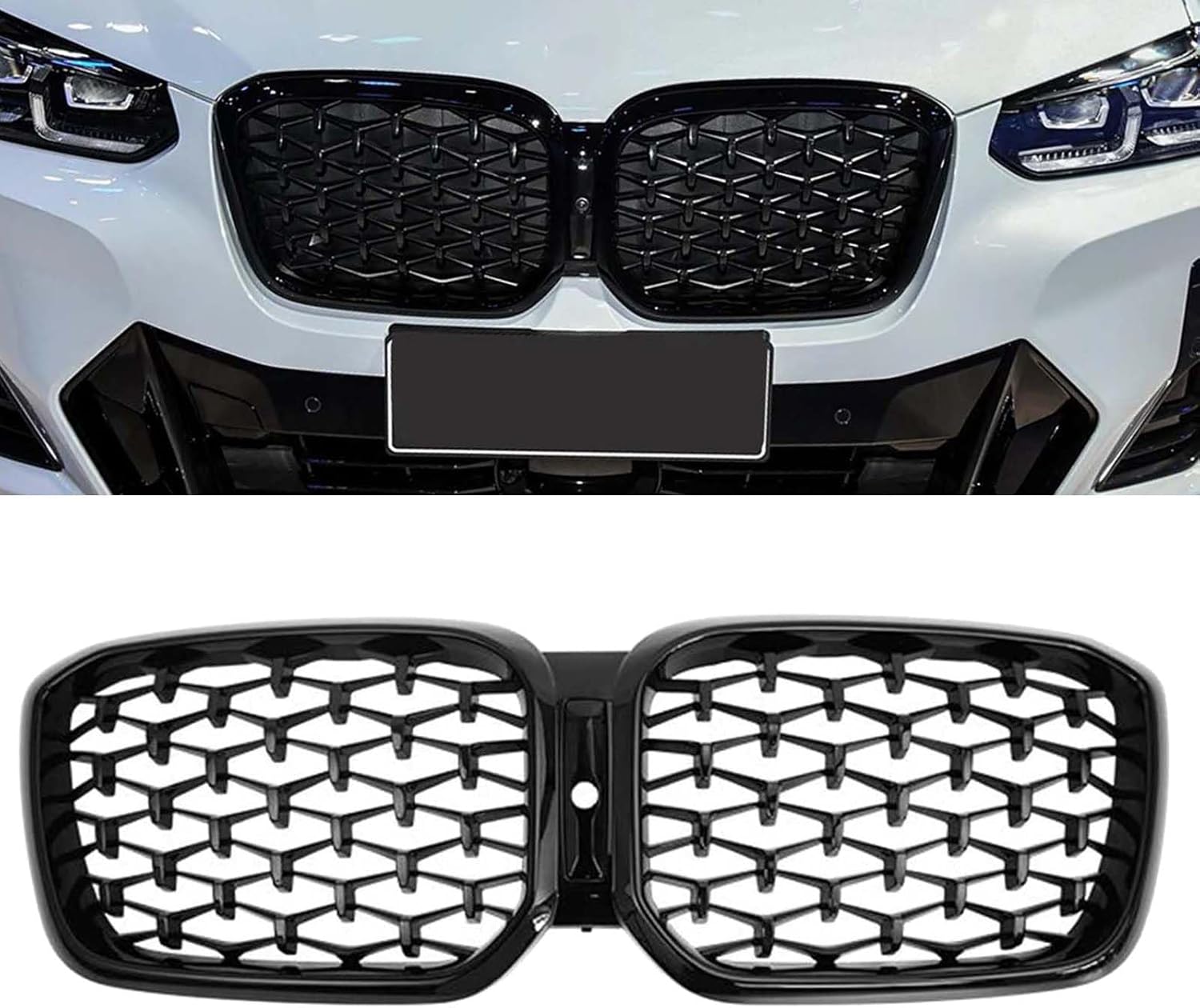 Front Grill Kidney Grille compatible with 2022 2023 2024 BMW X3 G01 X4 G02, Gloss Black Diamond Style