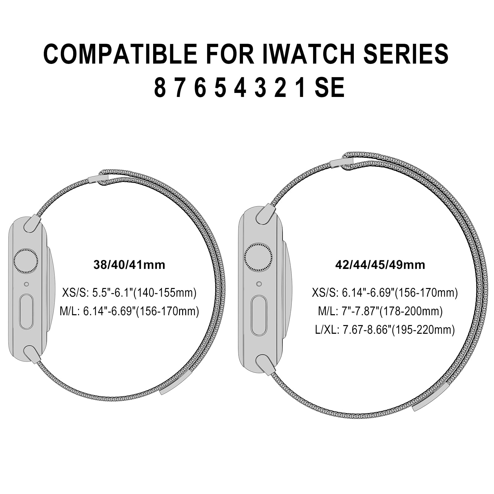 Bracelet à boucle magnétique compatible avec Apple Watch S9/8/7/6/5/4/3 38/40/41/42/44/45/49 mm, Ultra 1/2 de 49 mm, bracelet élégant en maille d'acier inoxydable pour iWatch SE et homme et