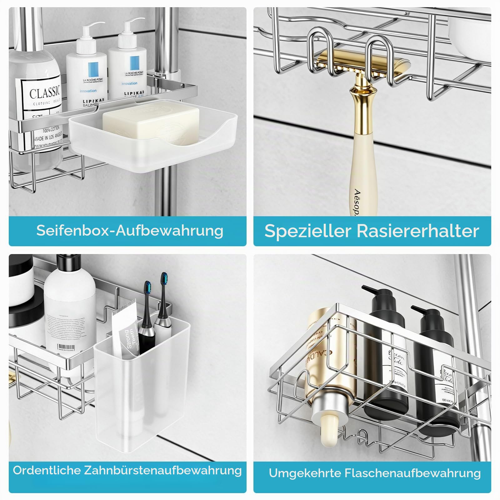 EXLECO Teleskop Duschregal mit 6 Duschkorb, Ohne Bohren, 78-308cm, Silber | Teleskopregal Bad verstellbar, Duschablage Teleskopstange, Badezimmer Regal Ecke mit Handtuchstange Bürstenhalter Seifendose