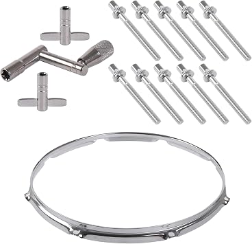 ETFBUY Zinc Alloy Snare Drum Hoop Rim Ring 8 Lug 16 Inch Upper Circle & 10pcs M5 Drum Screws Tension Rods 110mm & 3 Drum Keys2 T-shaped and 1 Z-shaped