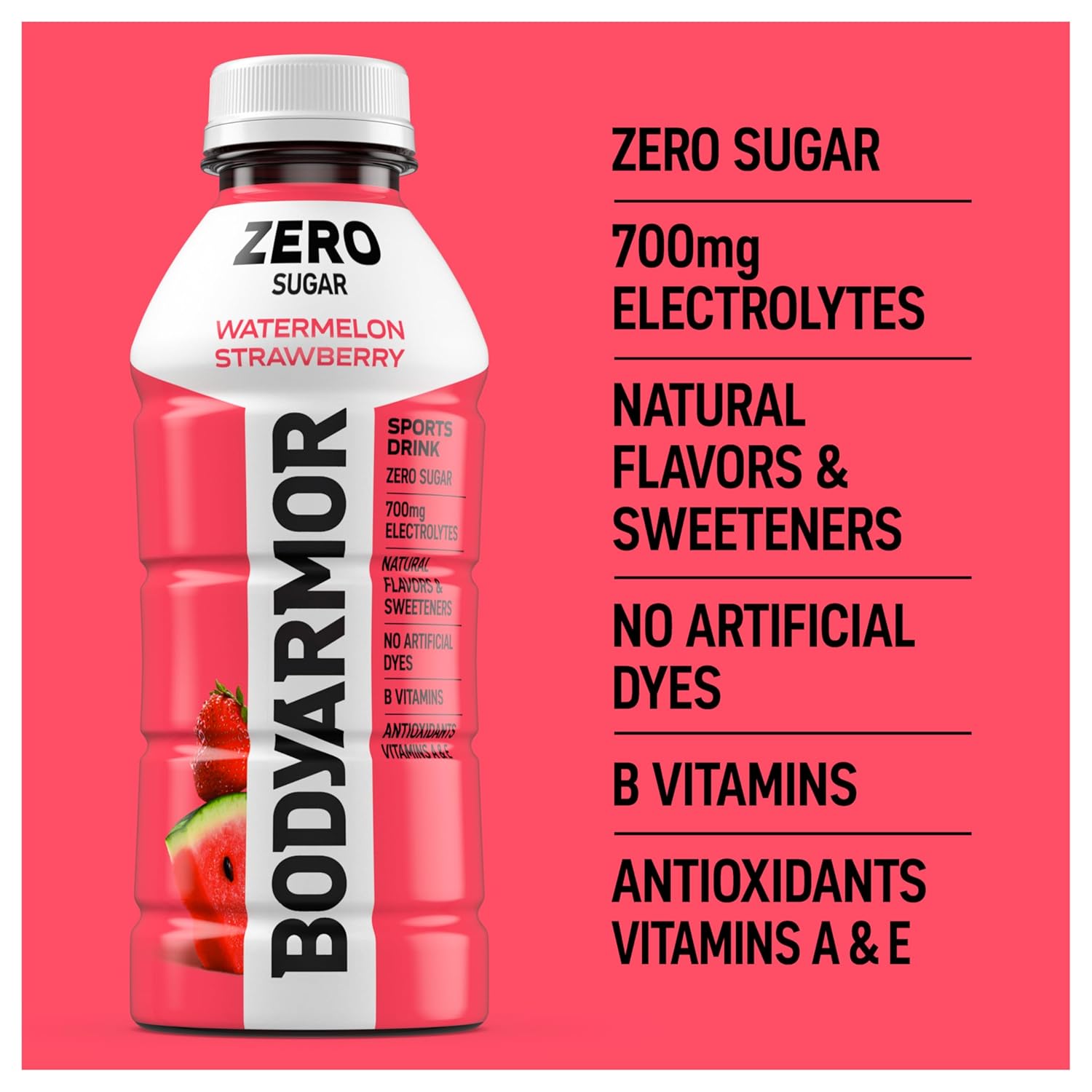 BODYARMOR ZERO Sugar Watermelon Strawberry Electrolyte Drink, Natural Flavors, 16 Fl Oz Bottles (12 Pack), B Vitamins & Antioxidants Sugar Free Hydration - Image 3
