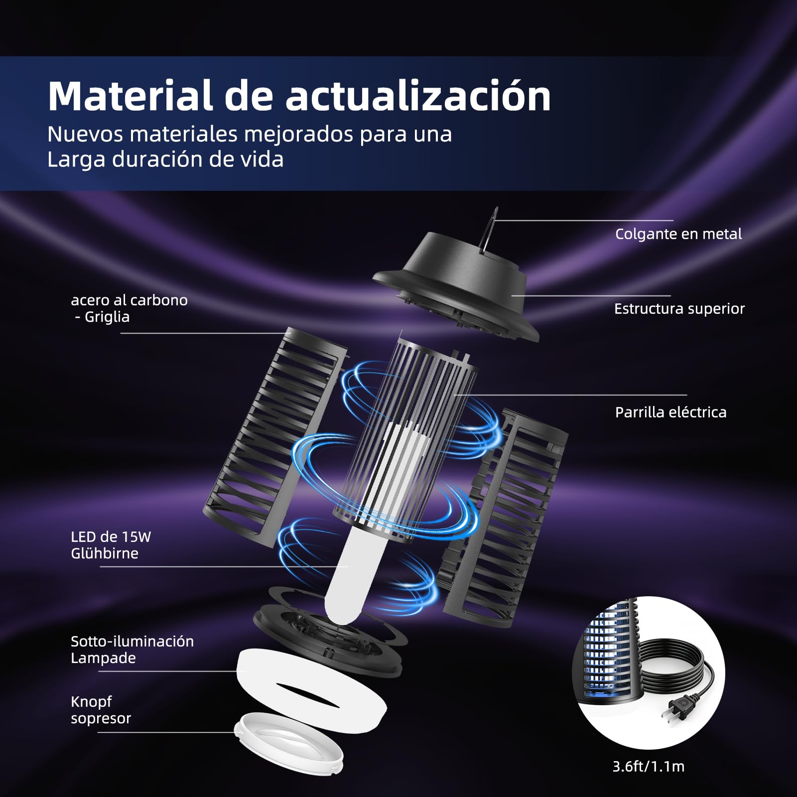 Lámpara Antimosquitos, Tecnología de Descarga Eléctrica 4250V Antimosquitos y Protección IPX4, equipada con Luz UV 20W e Iluminación LED para una Acción Repelente Mosquitos en Interior y Exterior