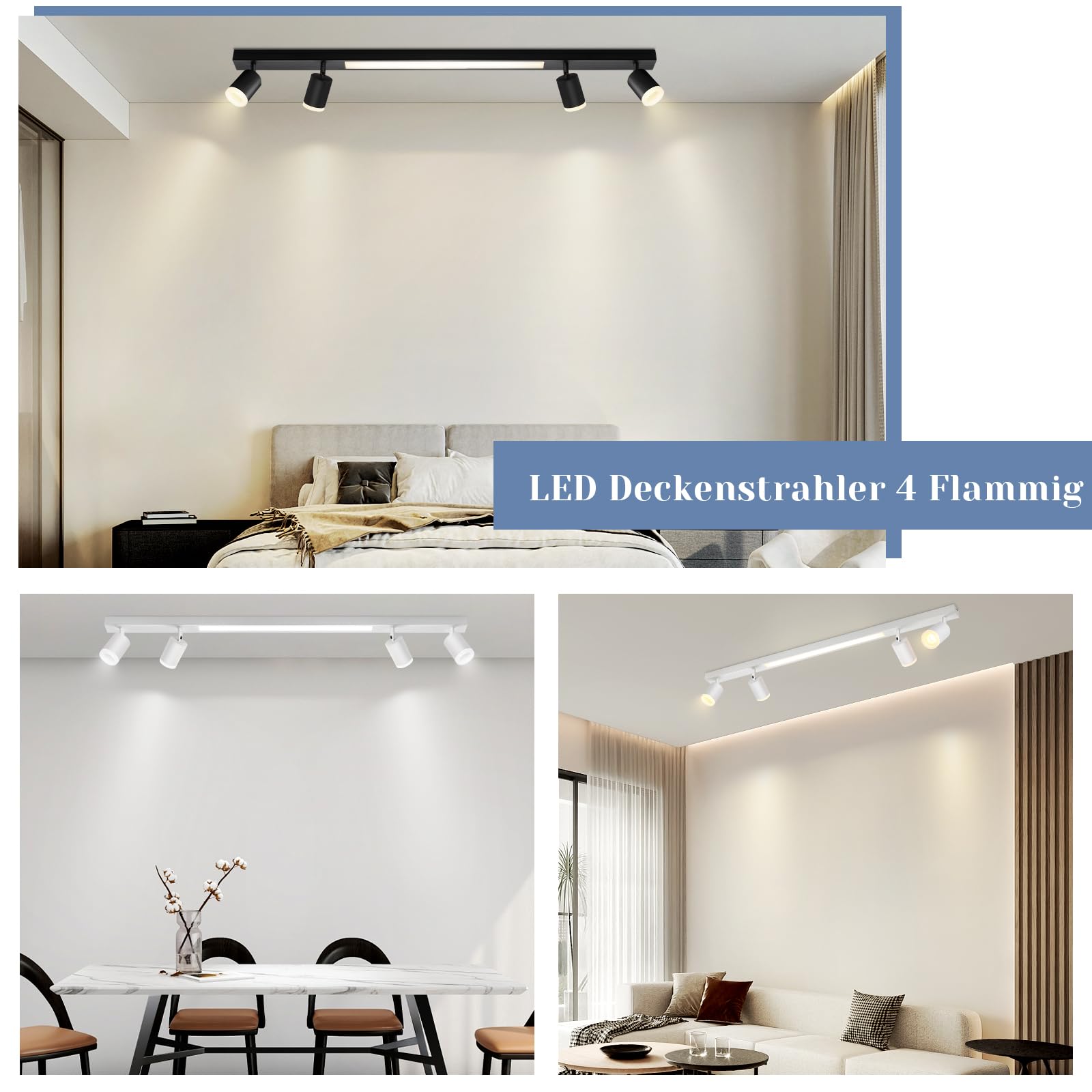 LED Deckenleuchte Dimmbar Deckenstrahler 4 Flammig Schwarz | Deckenspots mit Fernbediennung 3000K-6500K 38W Schwenkbar Modern für Wohnzimmer Schlafzimmer Küche Büro