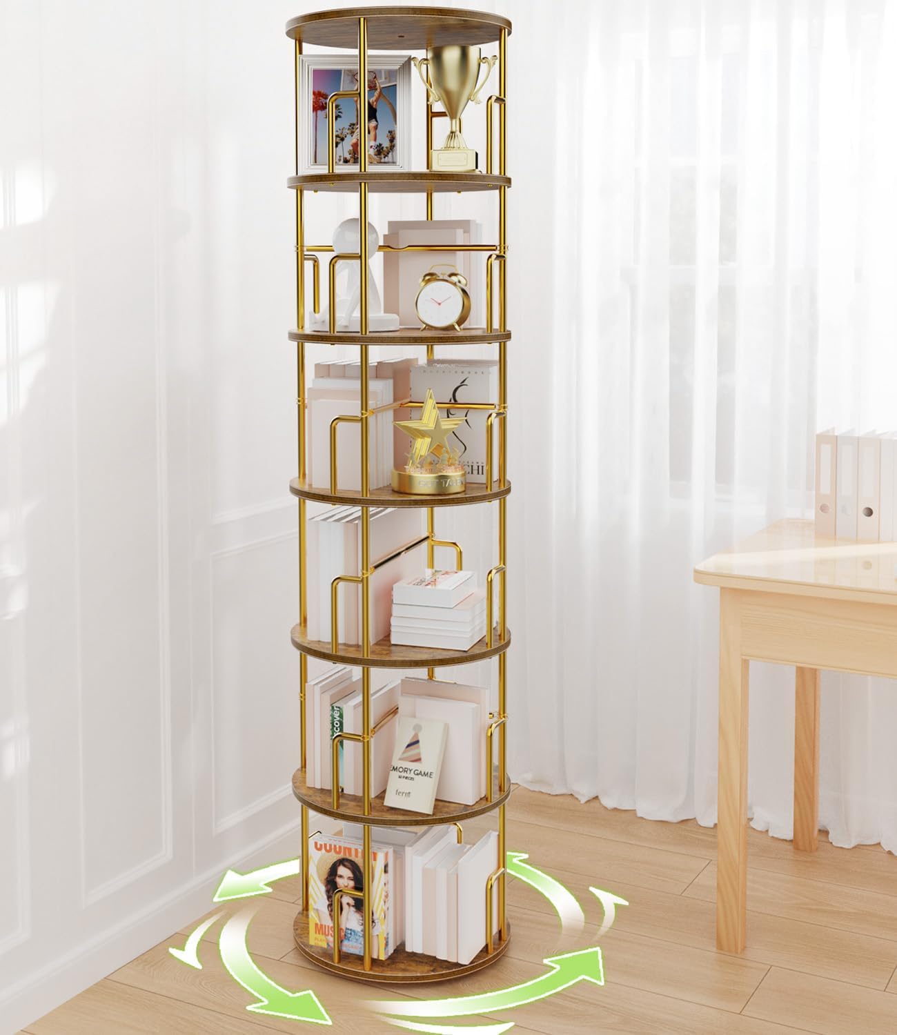 4 Tier Rotating Bookshelf Tower Round Black,50” Floor Standing Spinning Bookshelf Tower Anti-Tipping Design,Metal & Wood Revolving Bookcase Stackable Space Saving for Small Spaces,Study,Living Room