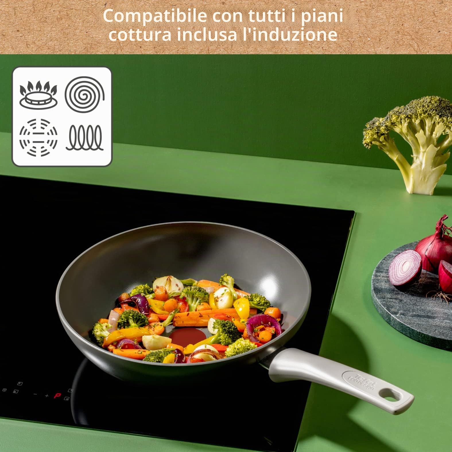 Tefal Renew On, Wok a induzione in Ceramica Antiaderente in Alluminio Riciclato, 28 cm, Grigio