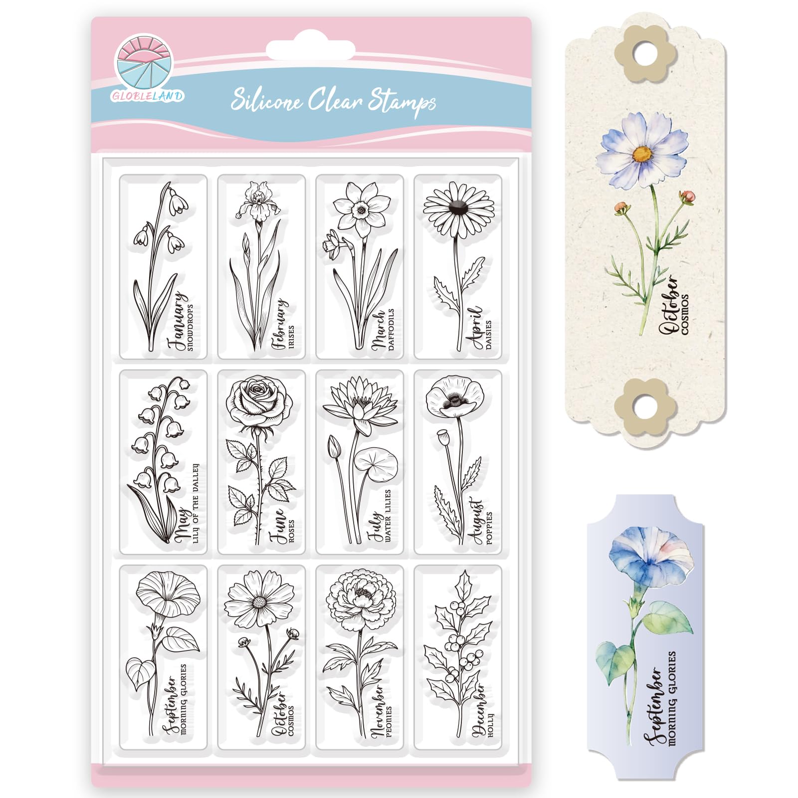 GLOBLELAND Flowers Bookmarks Clear Stamp for Scrapbooking Months Floral Silicone Stamps Daisies Peonies Transparent Stamp for Card Making DIY Embossing Journaling