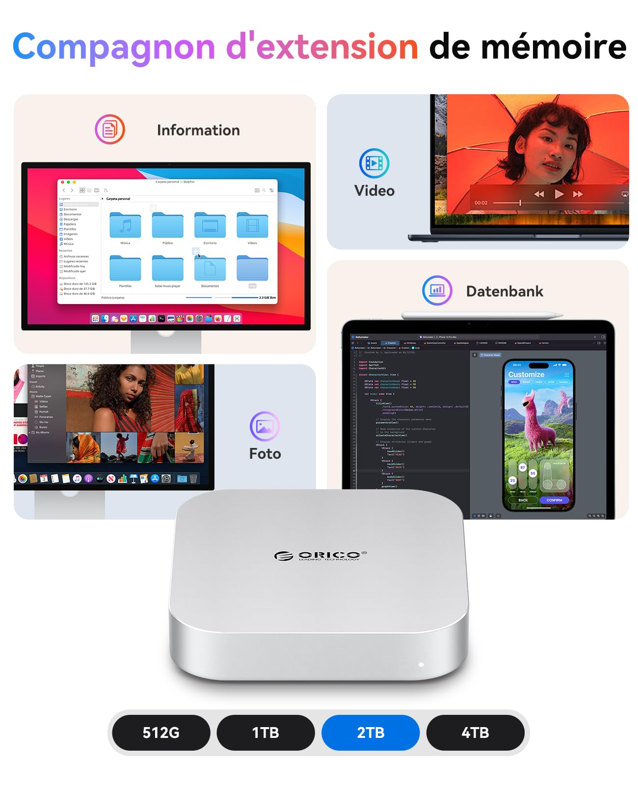 ORICO MiniMate Pro+ 40Gbps USB4-Dock für Mac mini M4/M4 Pro 2025. Aluminium, 2TB NVMe SSD (Nicht abnehmbar), 3,5mm Audio, 2×USB-A. Perfekter Stand & Hub in einem.