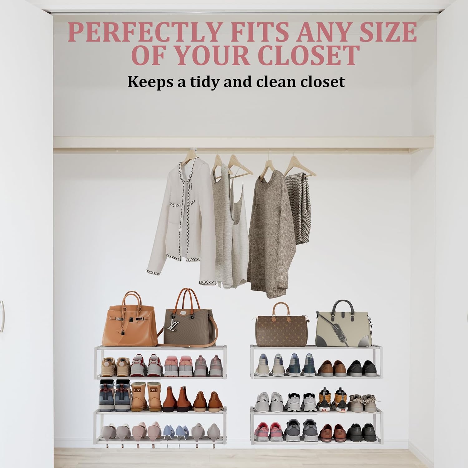 4 Pack Expandable Wall Mounted Shoe Rack, 17"-30"Adjustable Hanging Shoe Rack Holds 24 Pairs, Heavy Duty Metal Shoe Racks Holder with 8 Storage Hooks, Space Saving for Entryway Closet Doorway（White)