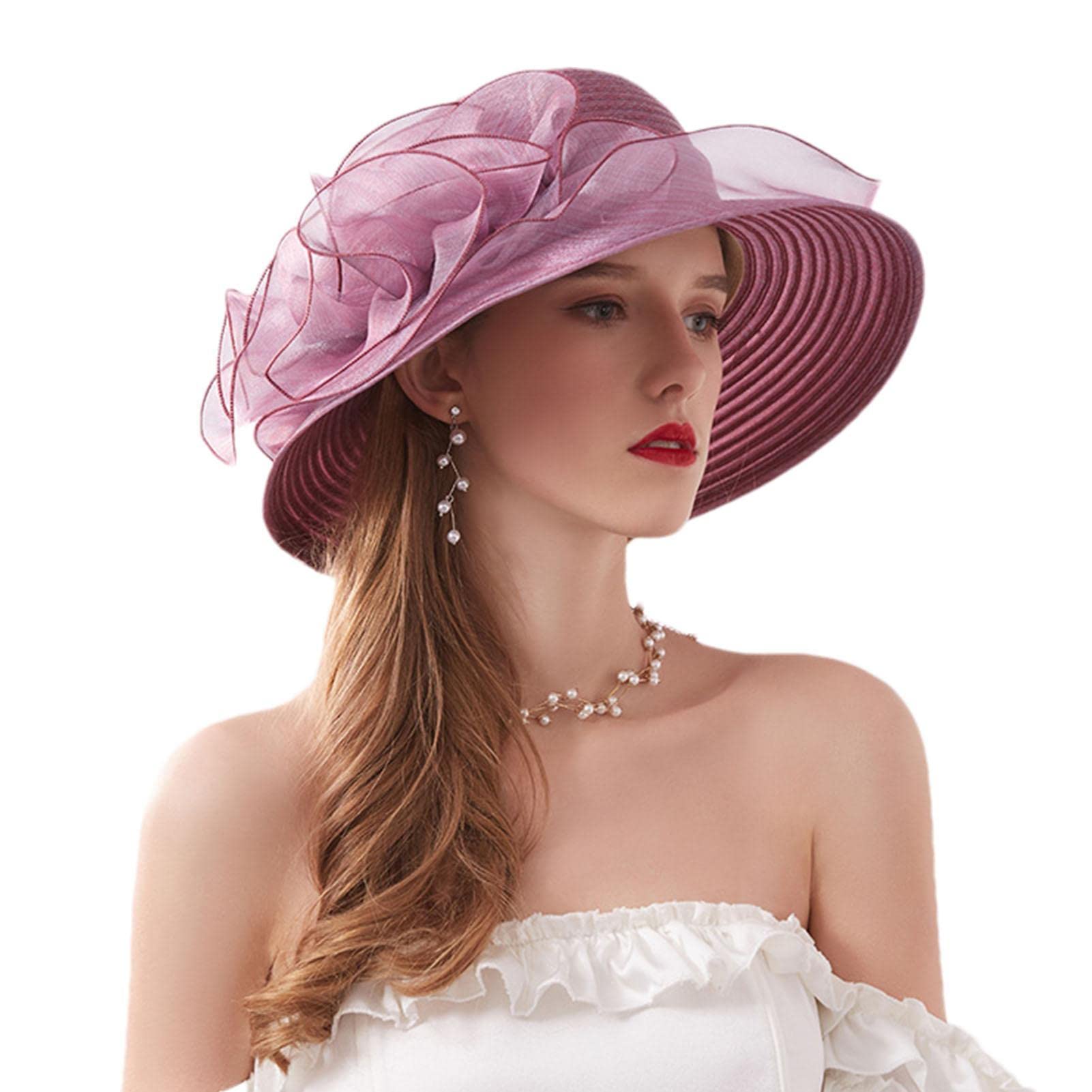 woyufen Sombrero Derby | Sombrero organza ligero para mujer | Elegante y moderno sombrero boda para fiesta té novia con ala ancha para mujer, violeta, 1