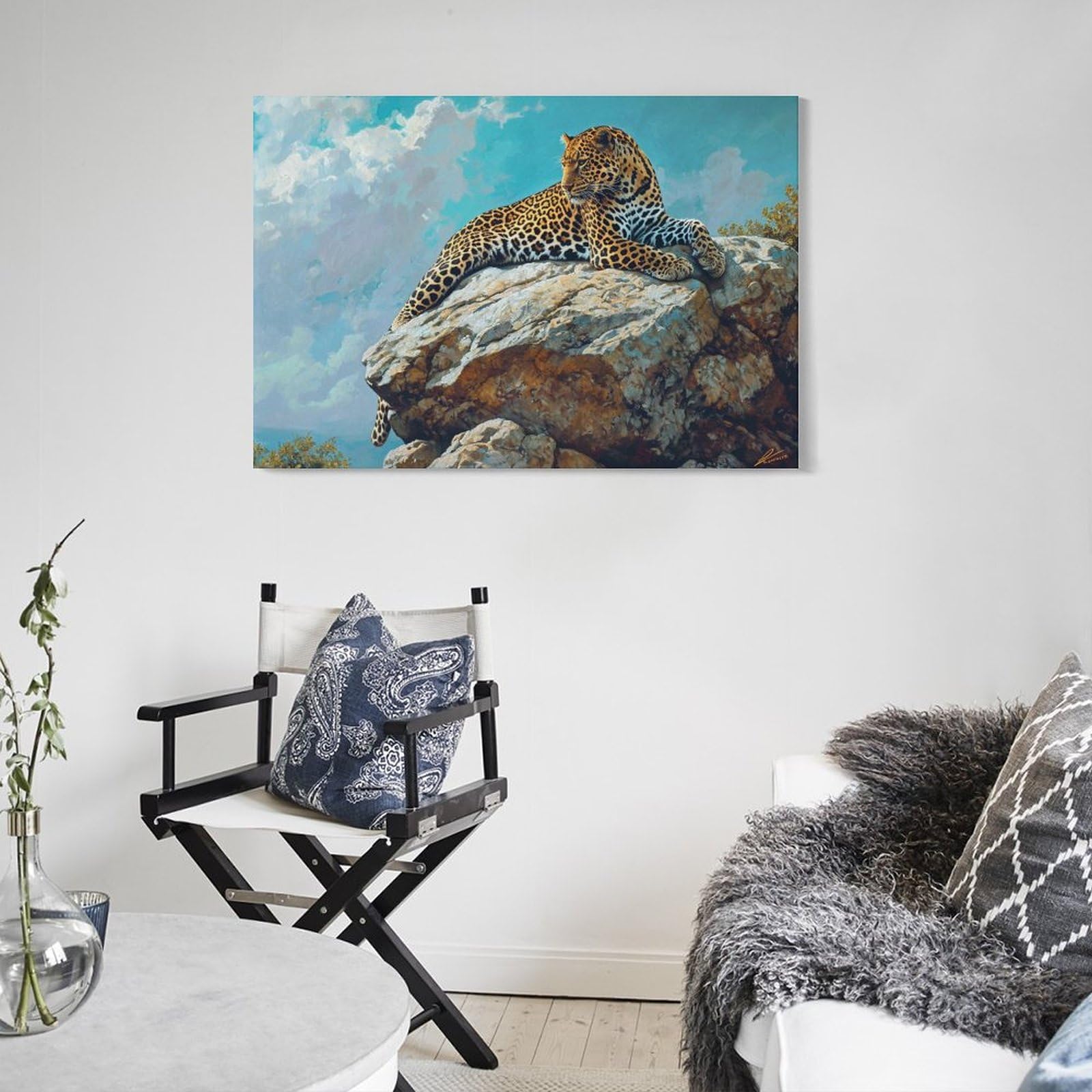 Amazon.co.jp: 絵画 山の岩の上のヒョウインテリア 絵画 動物イラスト